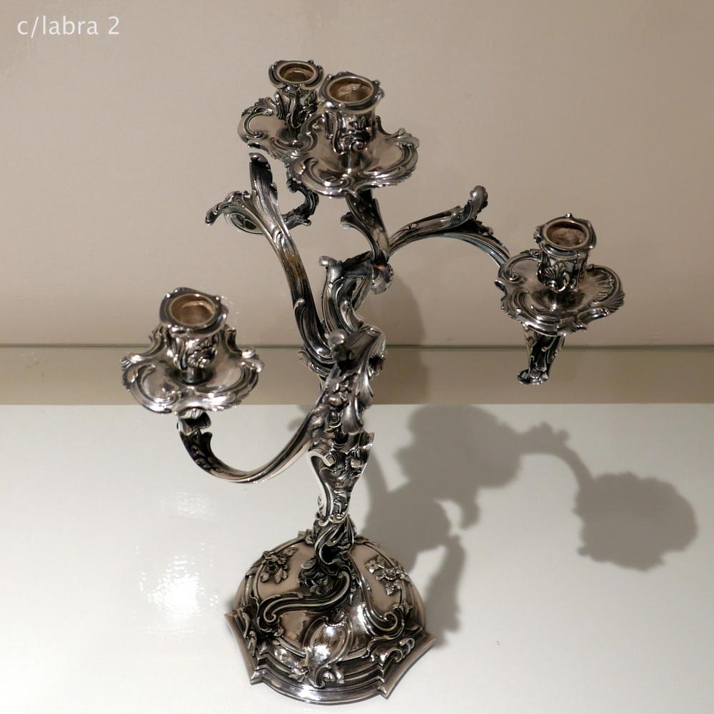 Rococo 19th Century Pair of Antique Four-Light Cast Silverplate Candelabra, circa 1865 For Sale