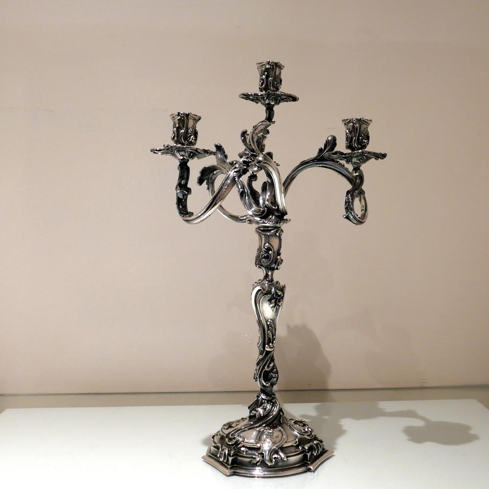 French 19th Century Pair of Antique Four-Light Cast Silverplate Candelabra, circa 1865 For Sale