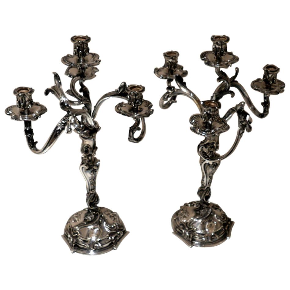 19th Century Pair of Antique Four-Light Cast Silverplate Candelabra, circa 1865 For Sale