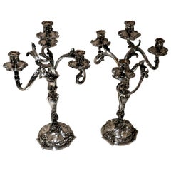 19th Century Pair of Antique Four-Light Cast Silverplate Candelabra, circa 1865