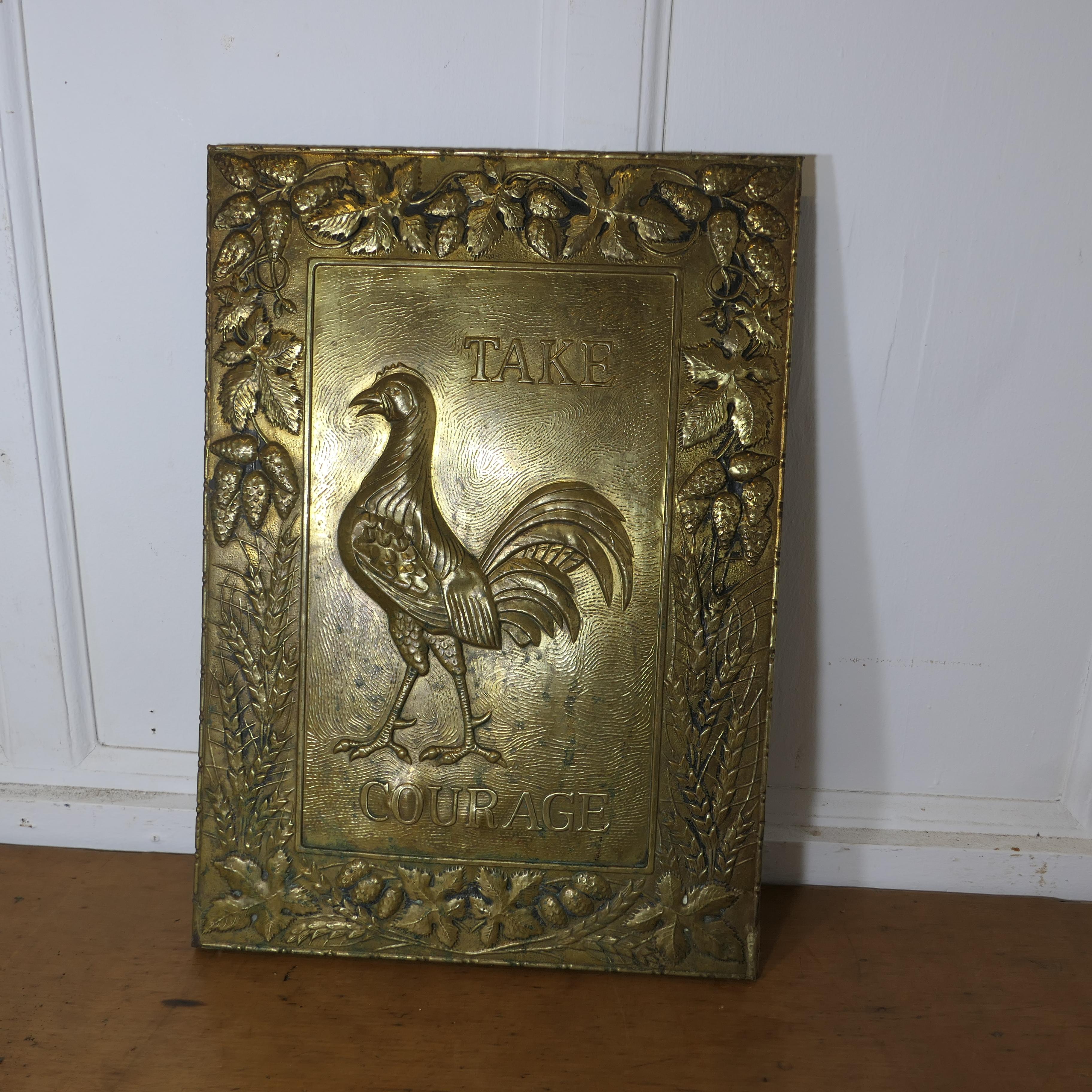 19th Century Pressed Brass “Take Courage” Pub sign

A Handsome cockerel on the front the sign is in good condition for its age, the sign is 22” high, 15.5” wide and less than an inch thick
CS190