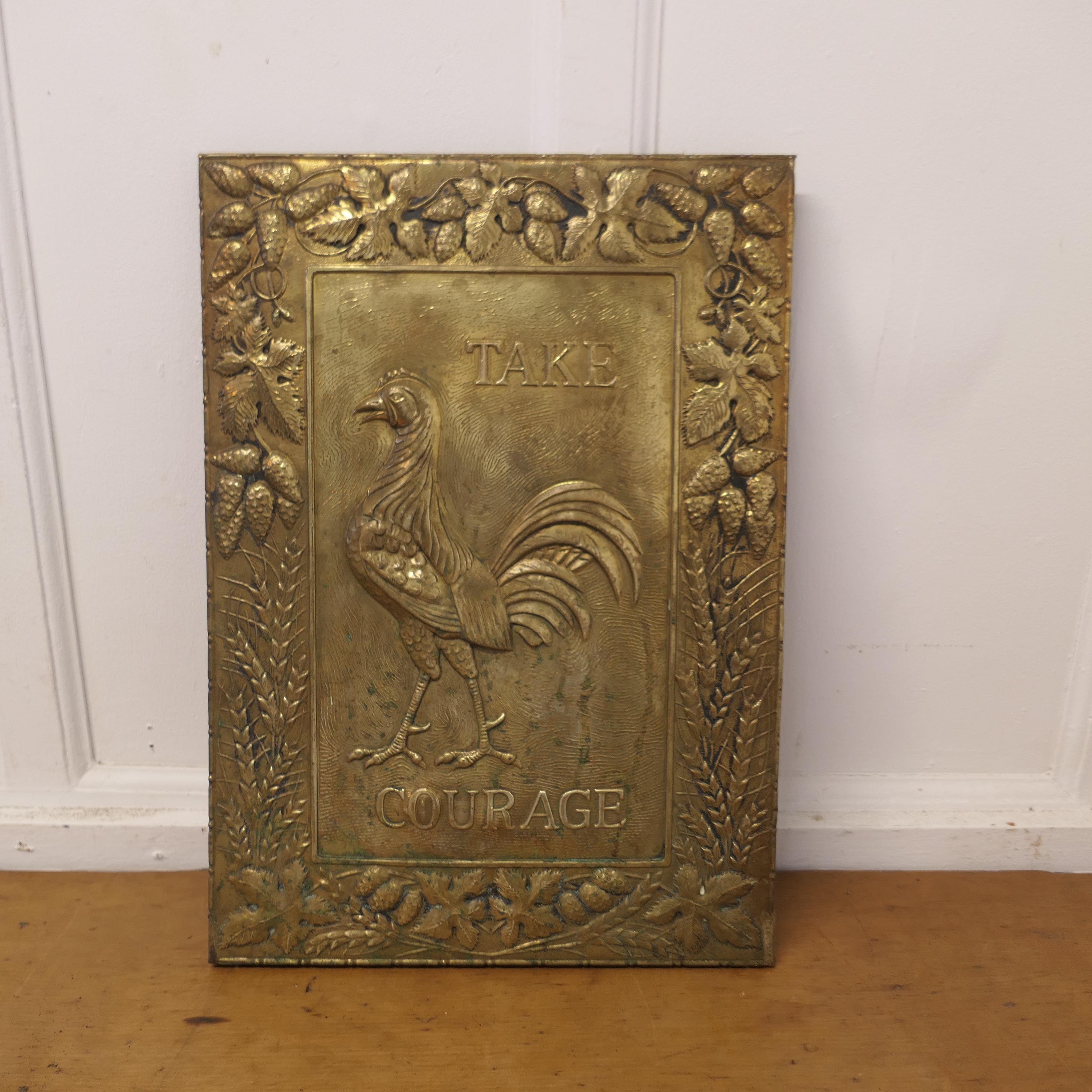 Country 19th Century Pressed Brass “Take Courage” Pub sign  A Handsome cockerel