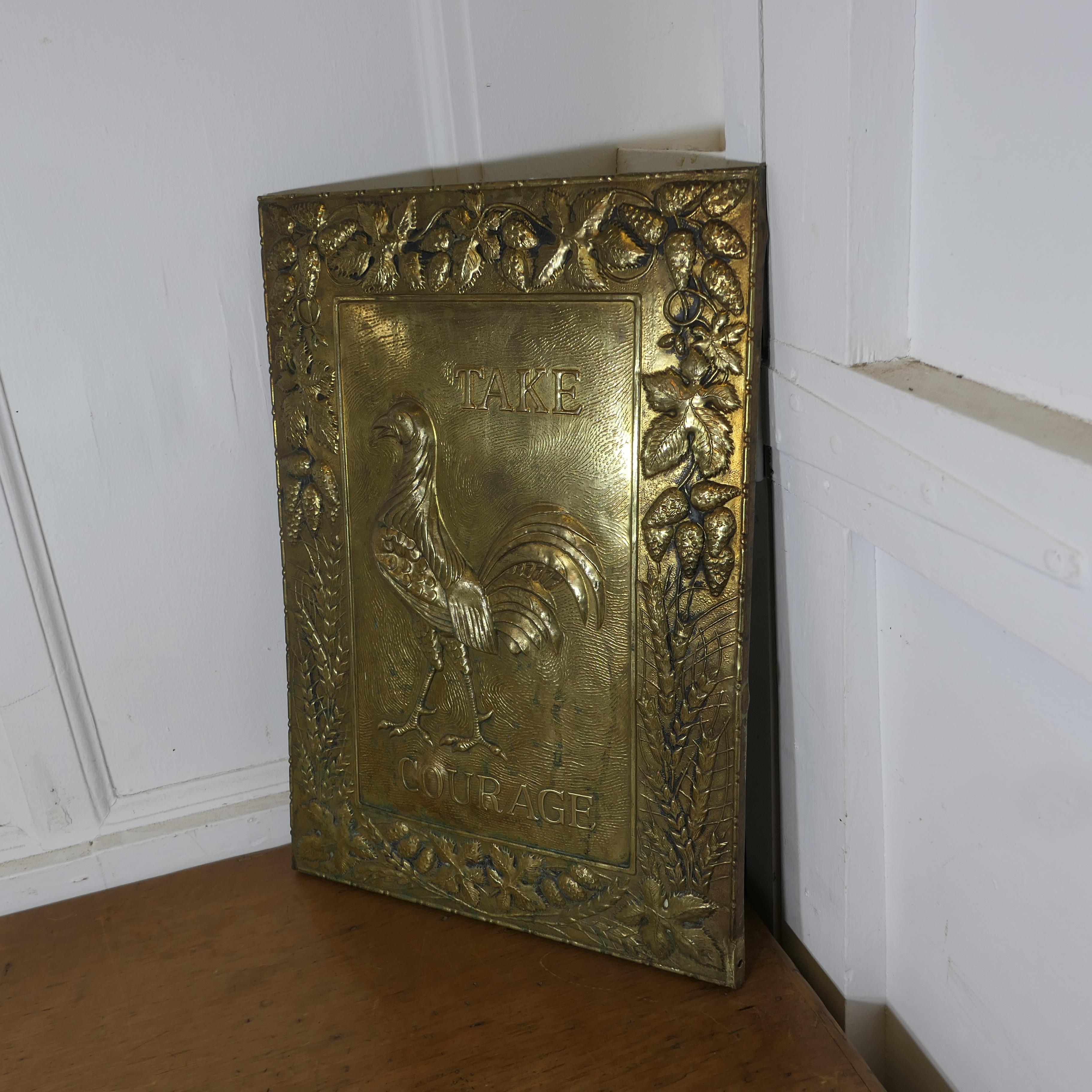 19th Century Pressed Brass “Take Courage” Pub sign  A Handsome cockerel In Good Condition In Godshill, Isle of Wight