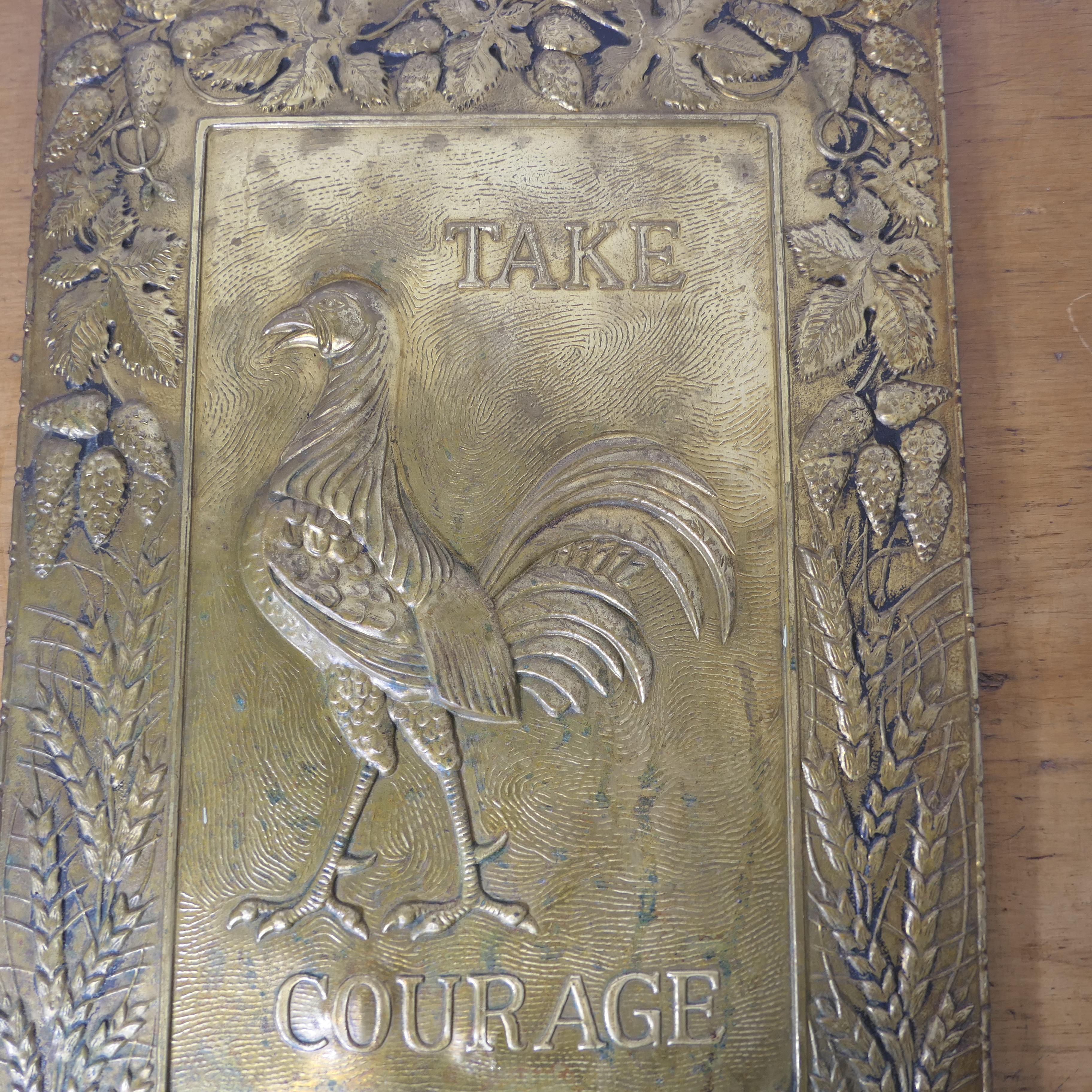 19th Century Pressed Brass “Take Courage” Pub sign  A Handsome cockerel 1