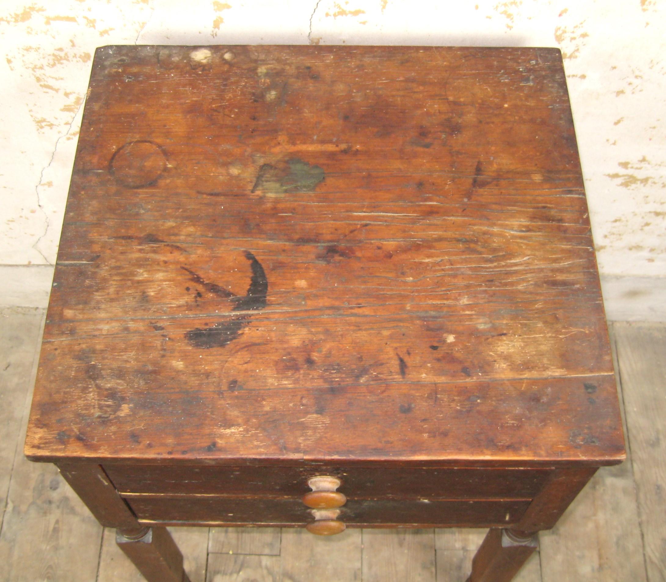 Primitive 19th Century primitive Farm 2 Draw work table with New York leg For Sale
