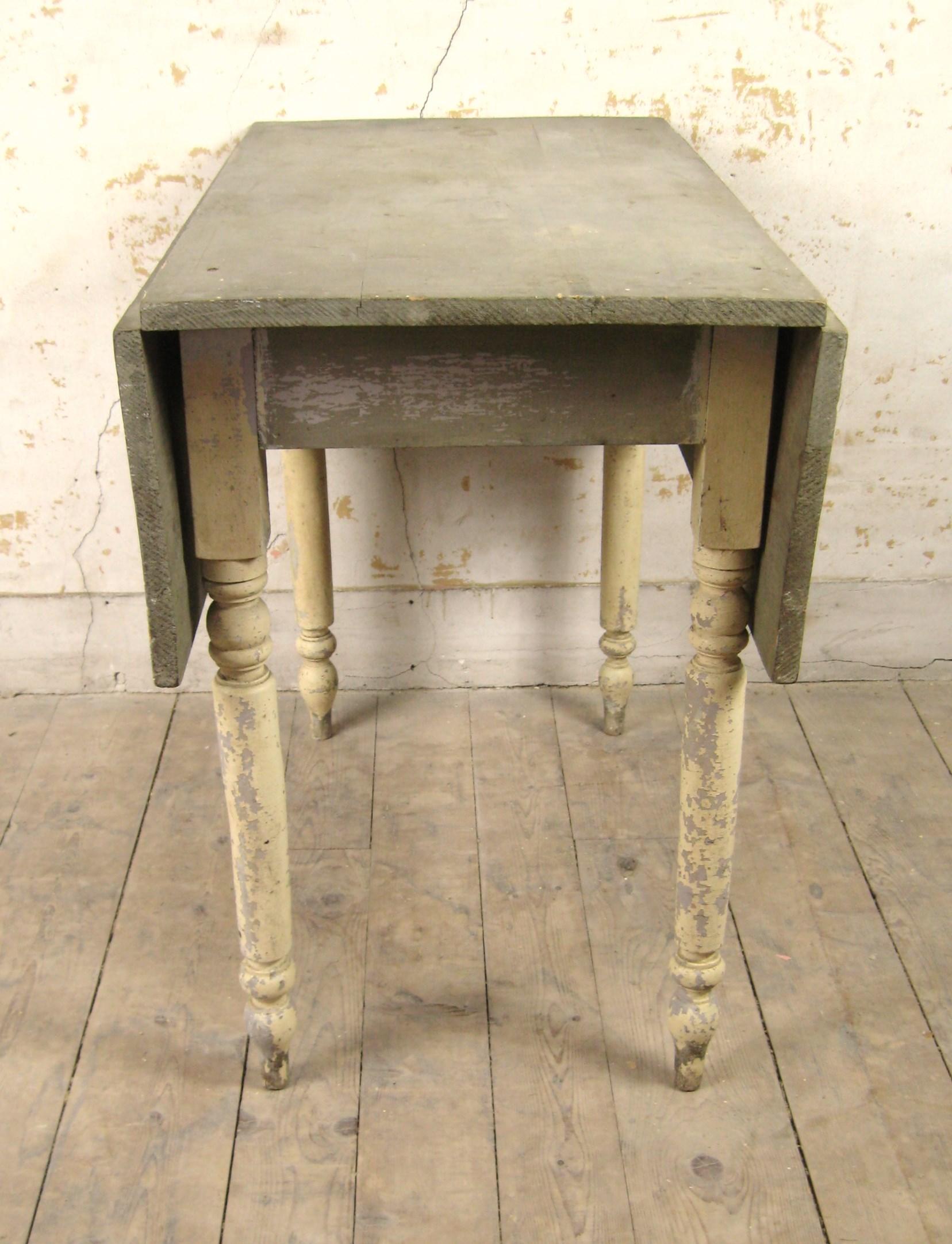 Hand-Crafted 19th Century Primitive Green and Beige drop leaf Farm Table For Sale