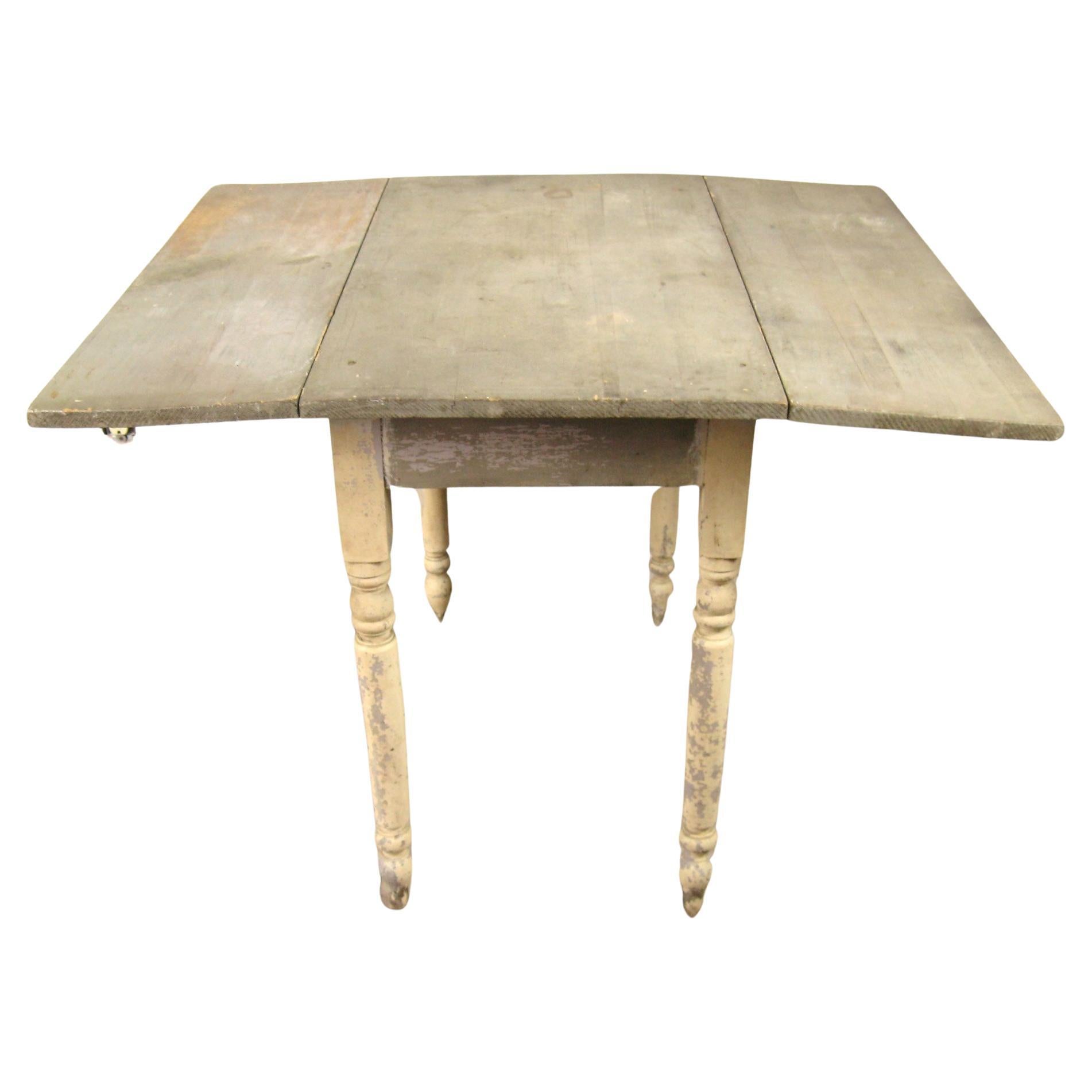 19th Century Primitive Green and Beige drop leaf Farm Table For Sale