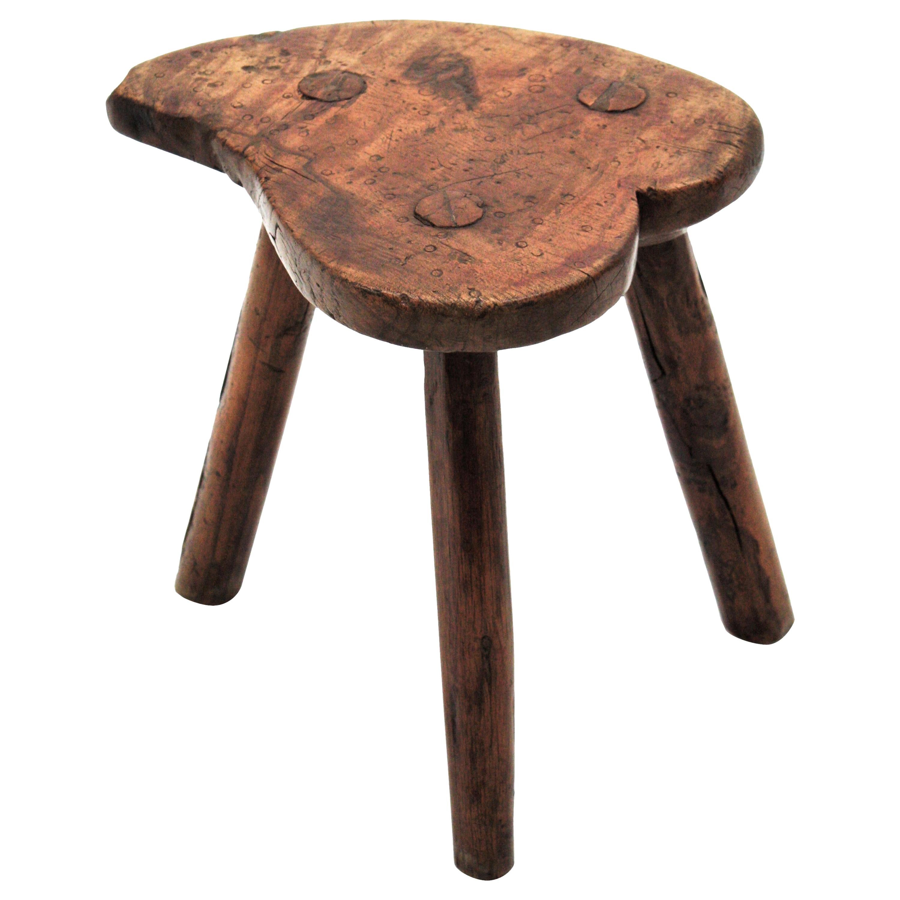 Primitive Heart Shaped Olive Wood Stool / Table from Spain