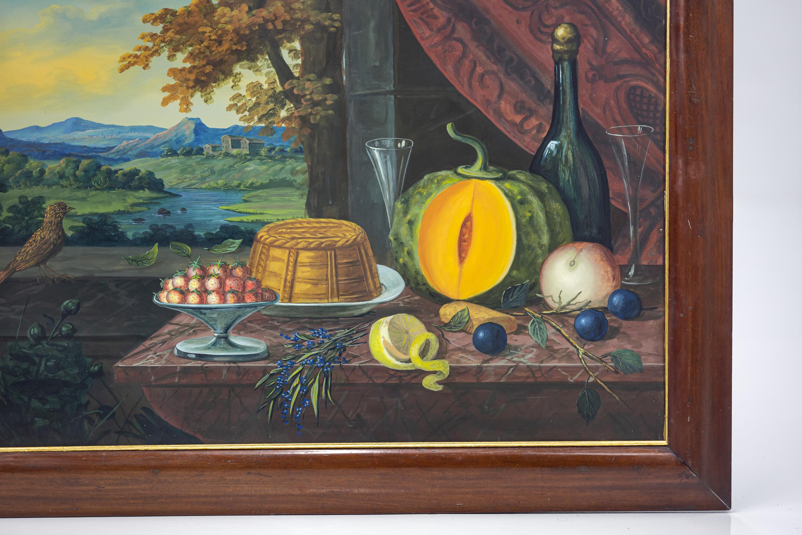 19th Century Primitive Still Life Melon and Bird In Fair Condition For Sale In Pease pottage, West Sussex