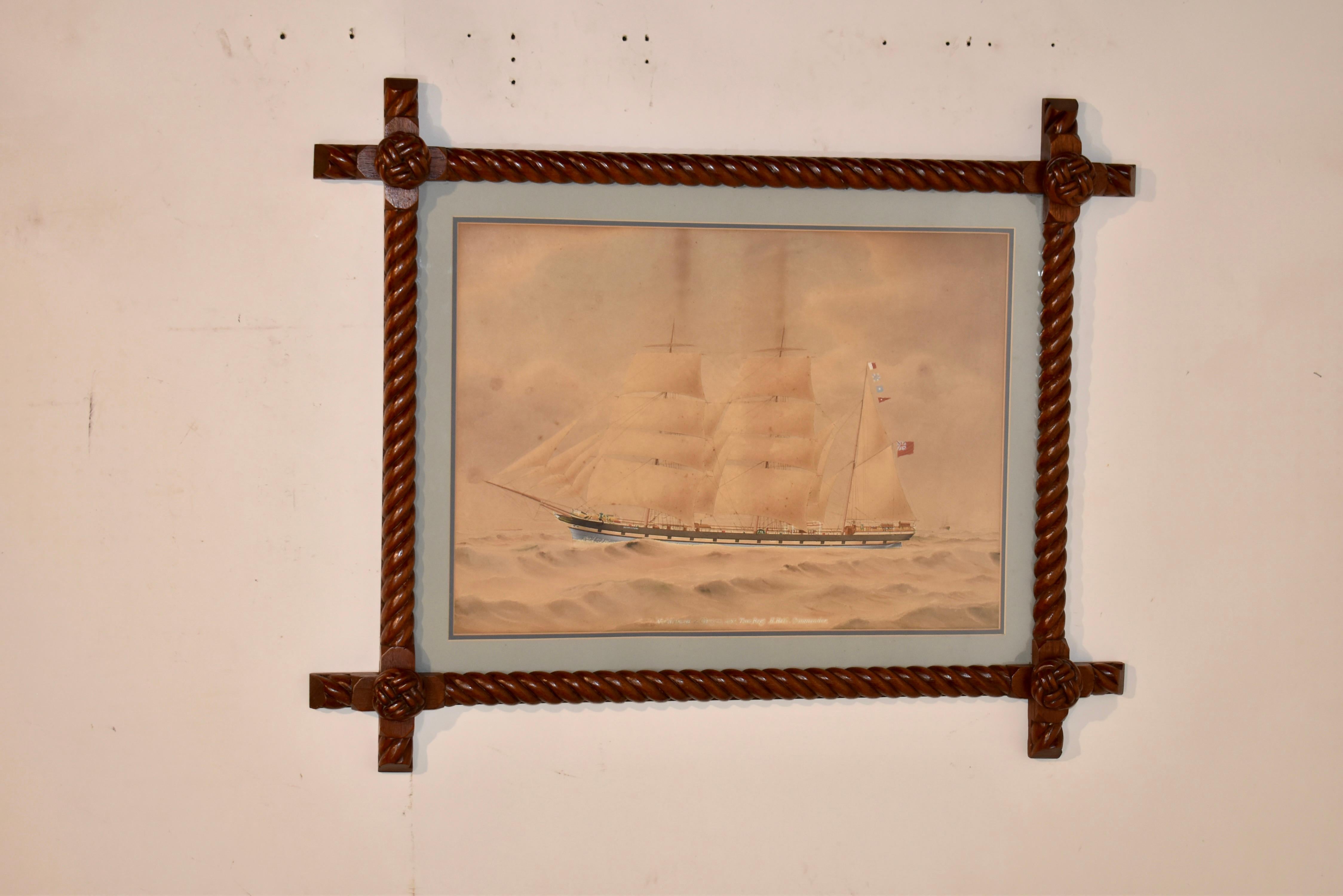 Gravure du 19e siècle, coloriée à la main, représentant le Noddleburn of Glasgow, un cargo à voile à trois mâts.  Le navire a disparu en 1895 lors de son voyage vers le Chili, où il transportait une cargaison de charbon.  Le cadre est la véritable