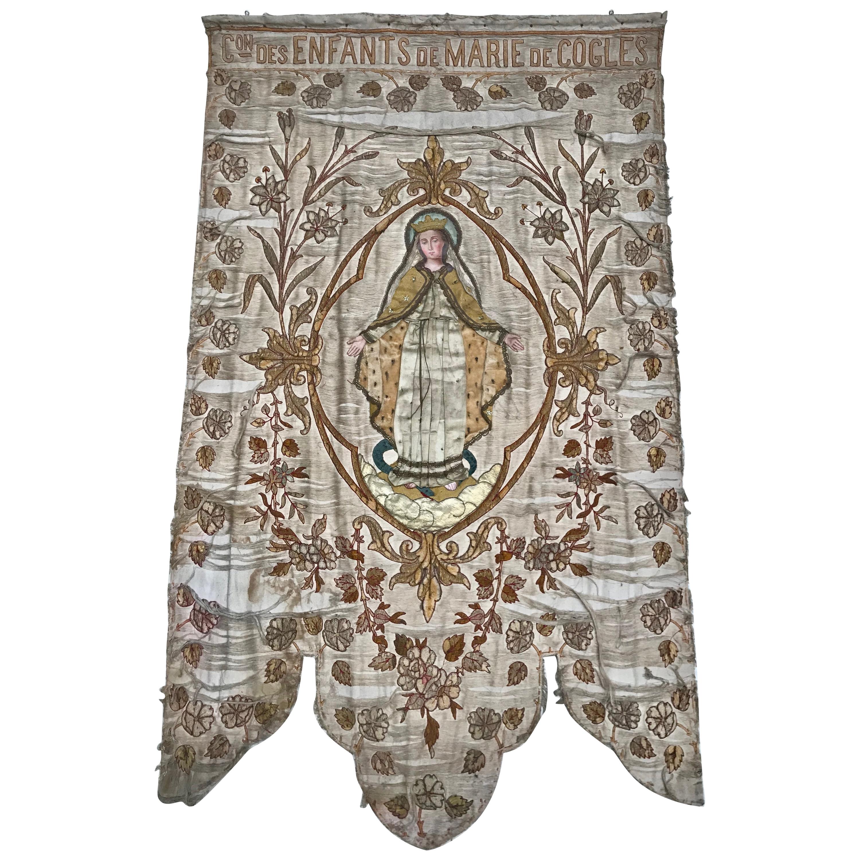19th Century Processional Banner with Painted Portrait and Appliqued Details