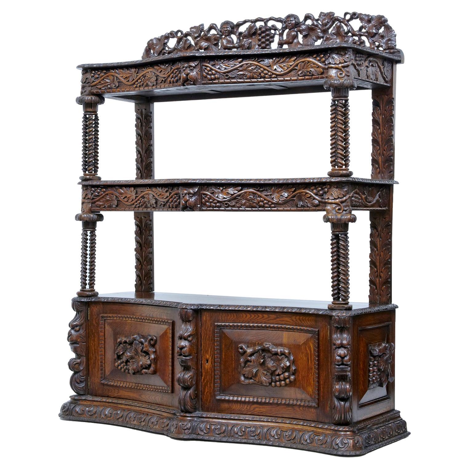 19th century profusely carved Victorian oak buffet For Sale