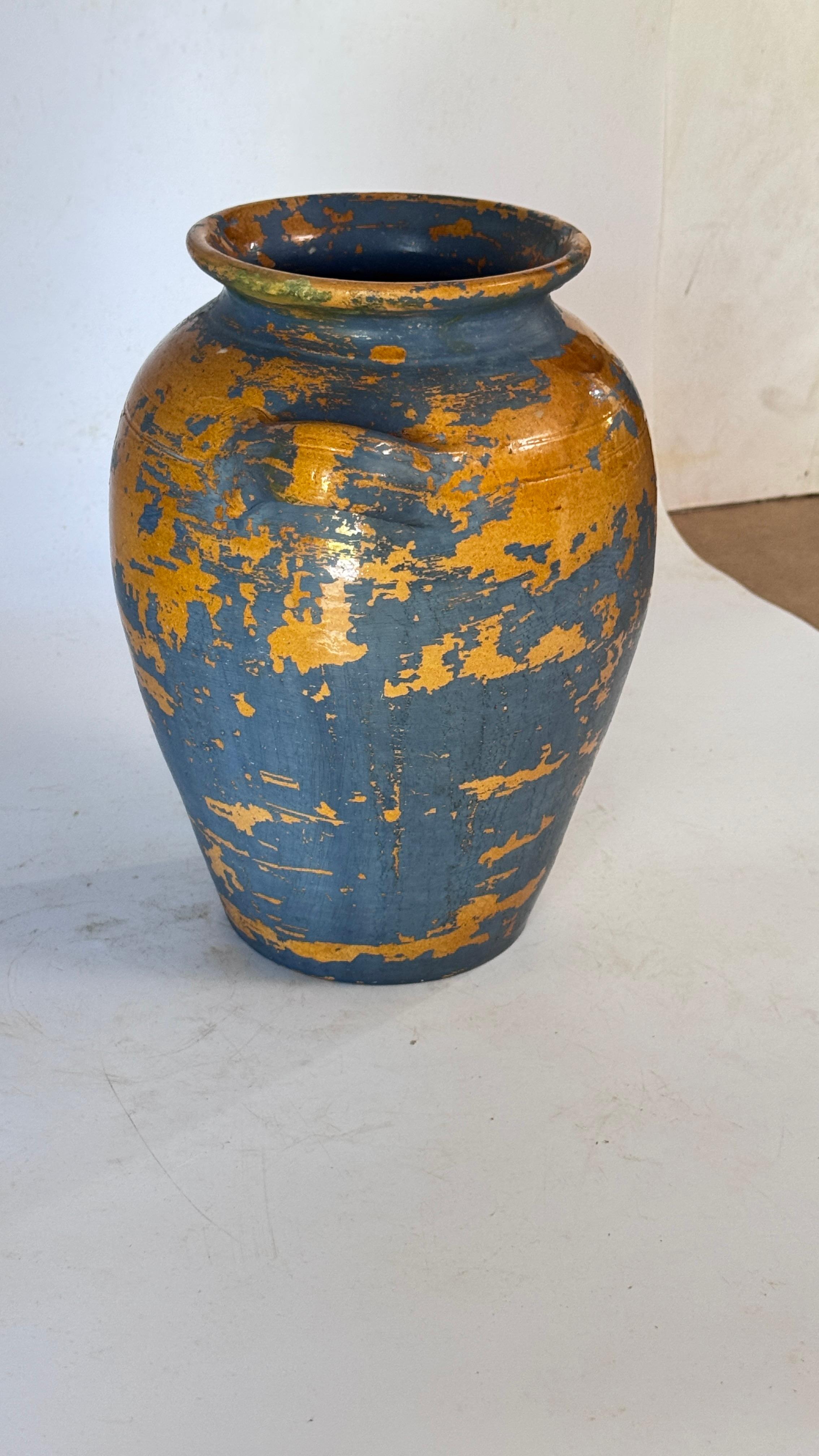 Smaltato Vaso provenzale del XIX secolo - Smalto giallo e patina blu - Stile rustico francese in vendita