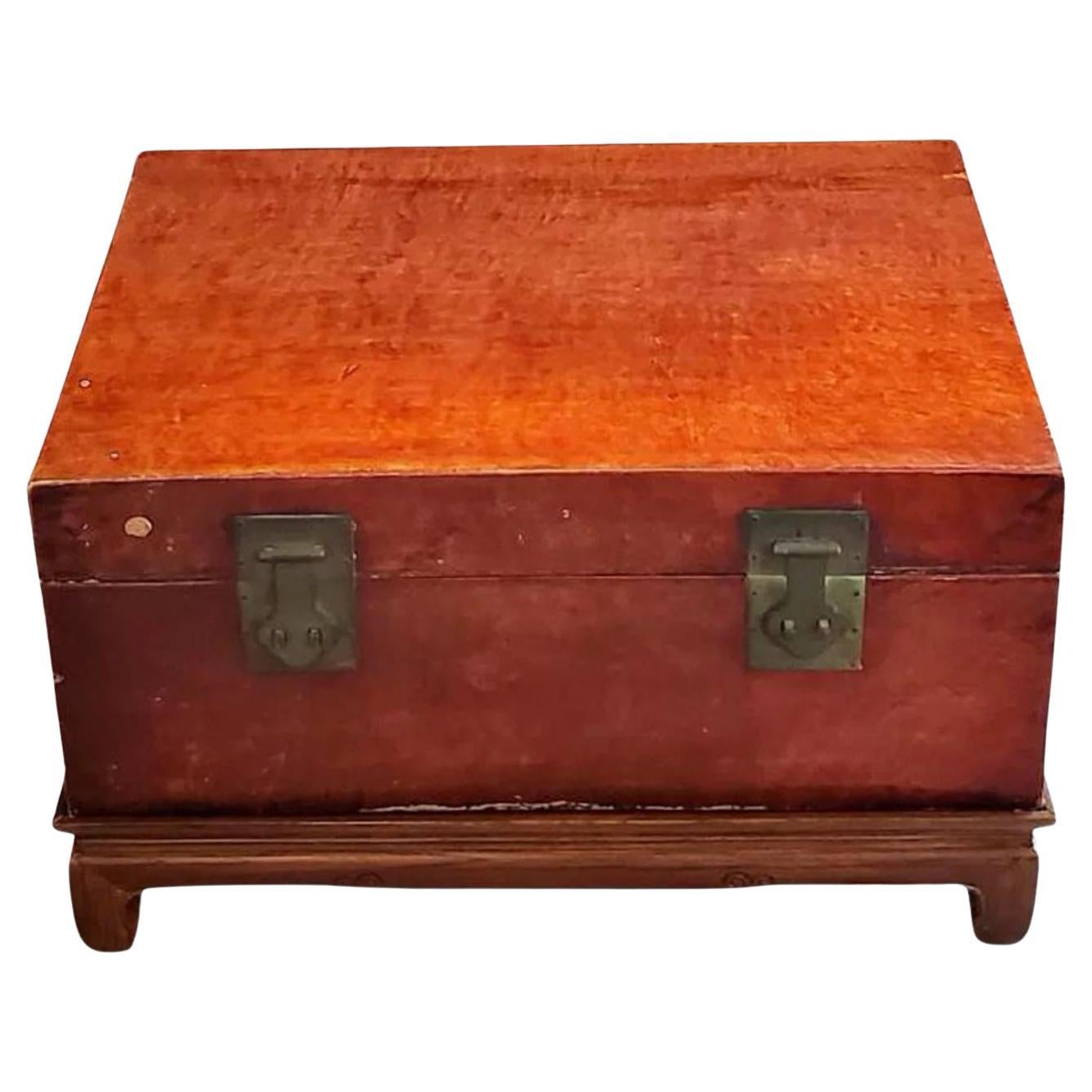 19th Century Provincial Chinese Vellum Trunk On Carved Low Stand  For Sale