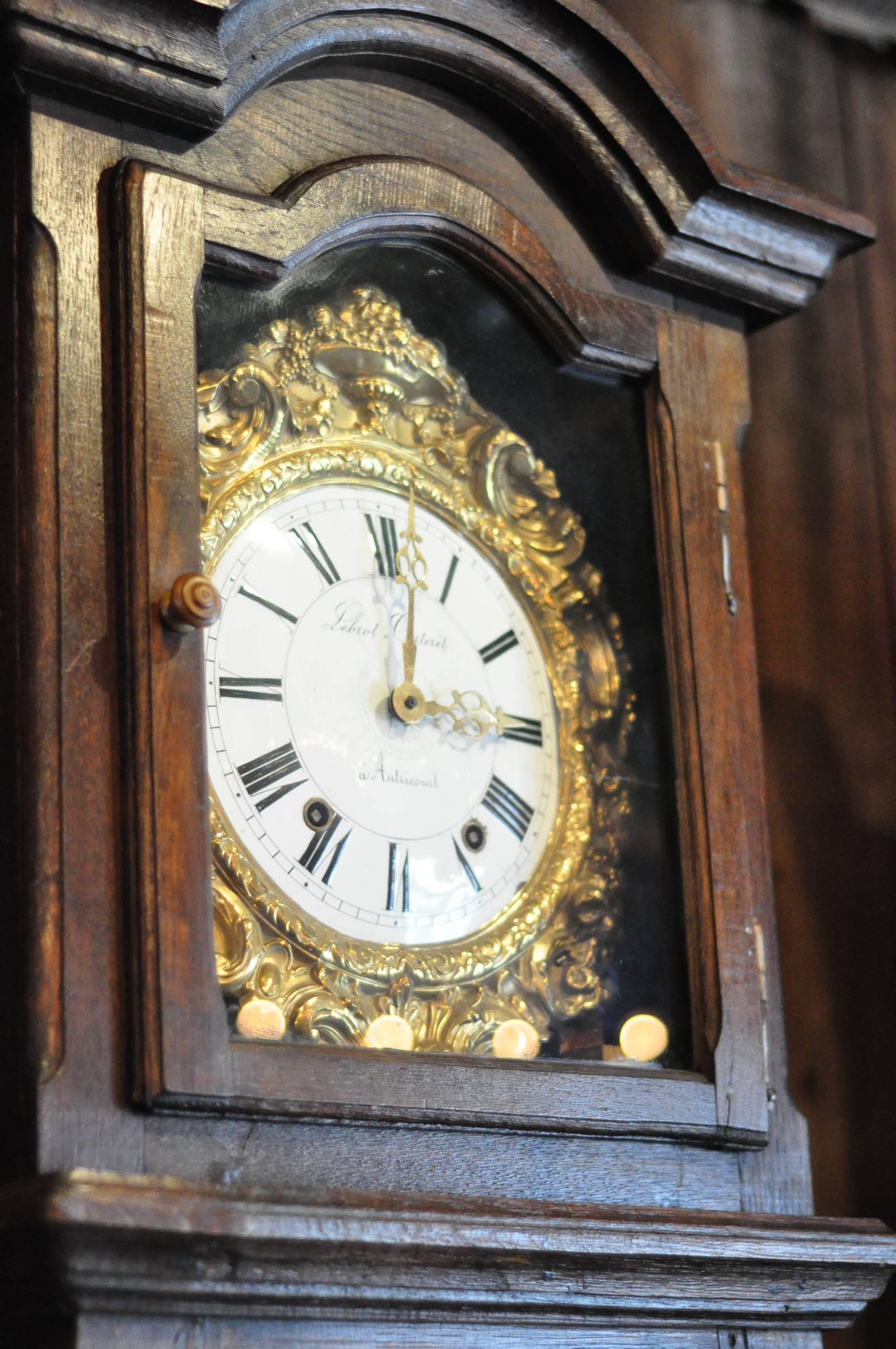 19th century provincial grandfather clock features a stunning clock from Autricourt, in perfect working condition.