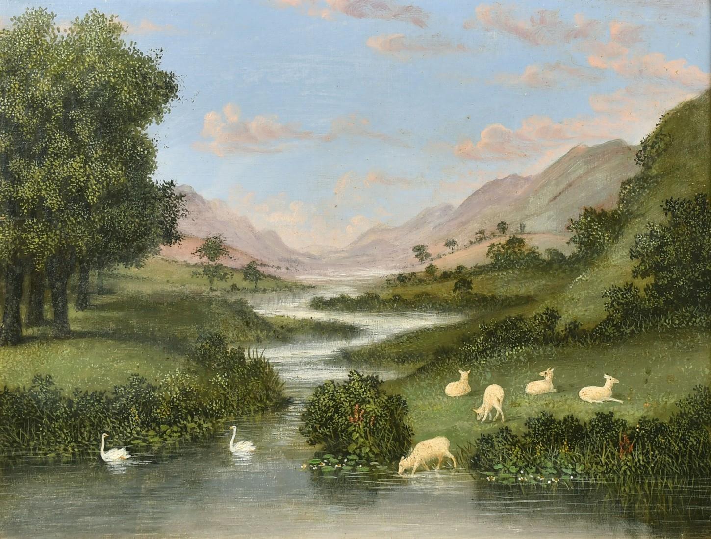 Peinture  l'huile de l'cole provinciale du 19e sicle - Paysage fluvial avec moutons et cygnes - Painting de 19th Century Provincial School