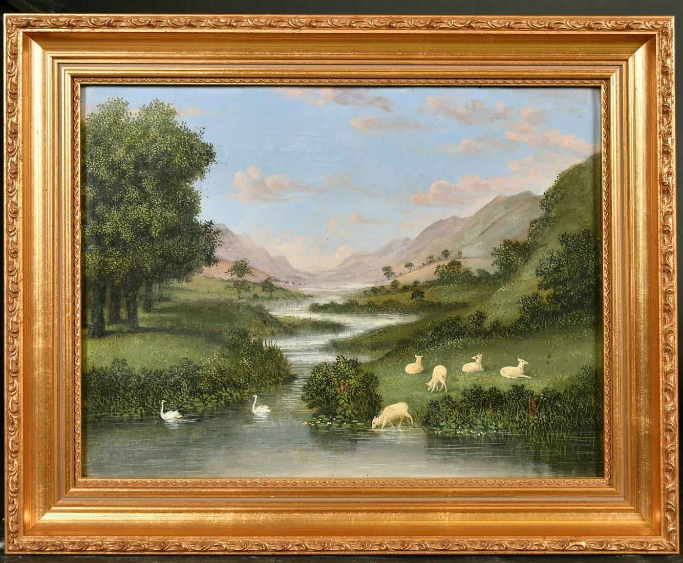 19th Century Provincial School Oil Painting River Landscape with Sheep and Swans