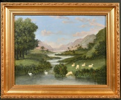 19th Century Provincial School Oil Painting River Landscape with Sheep and Swans