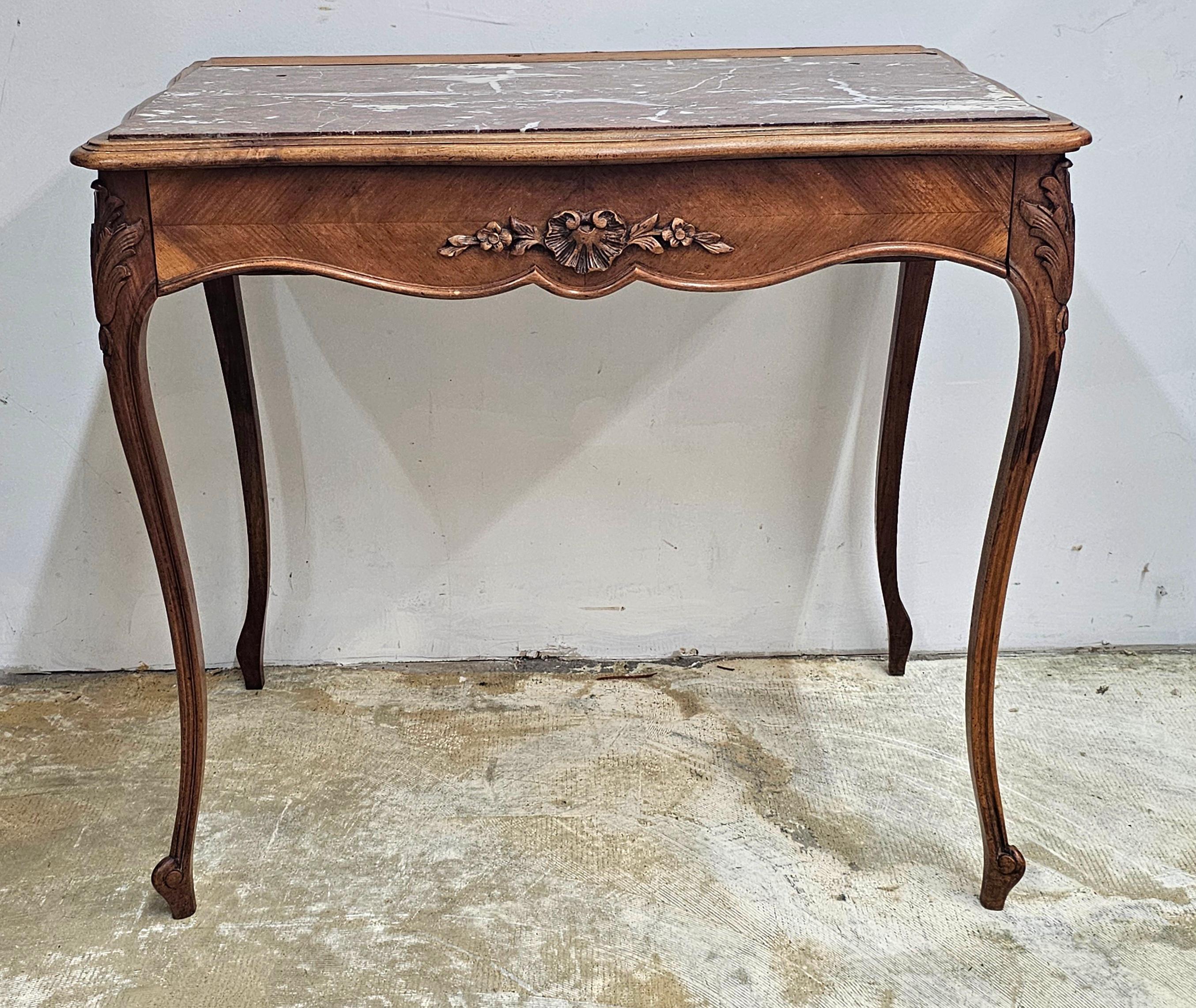 Louis XV 19th Century Provincial Style Walnut and Rouge Marble Top Writing Hall Table For Sale