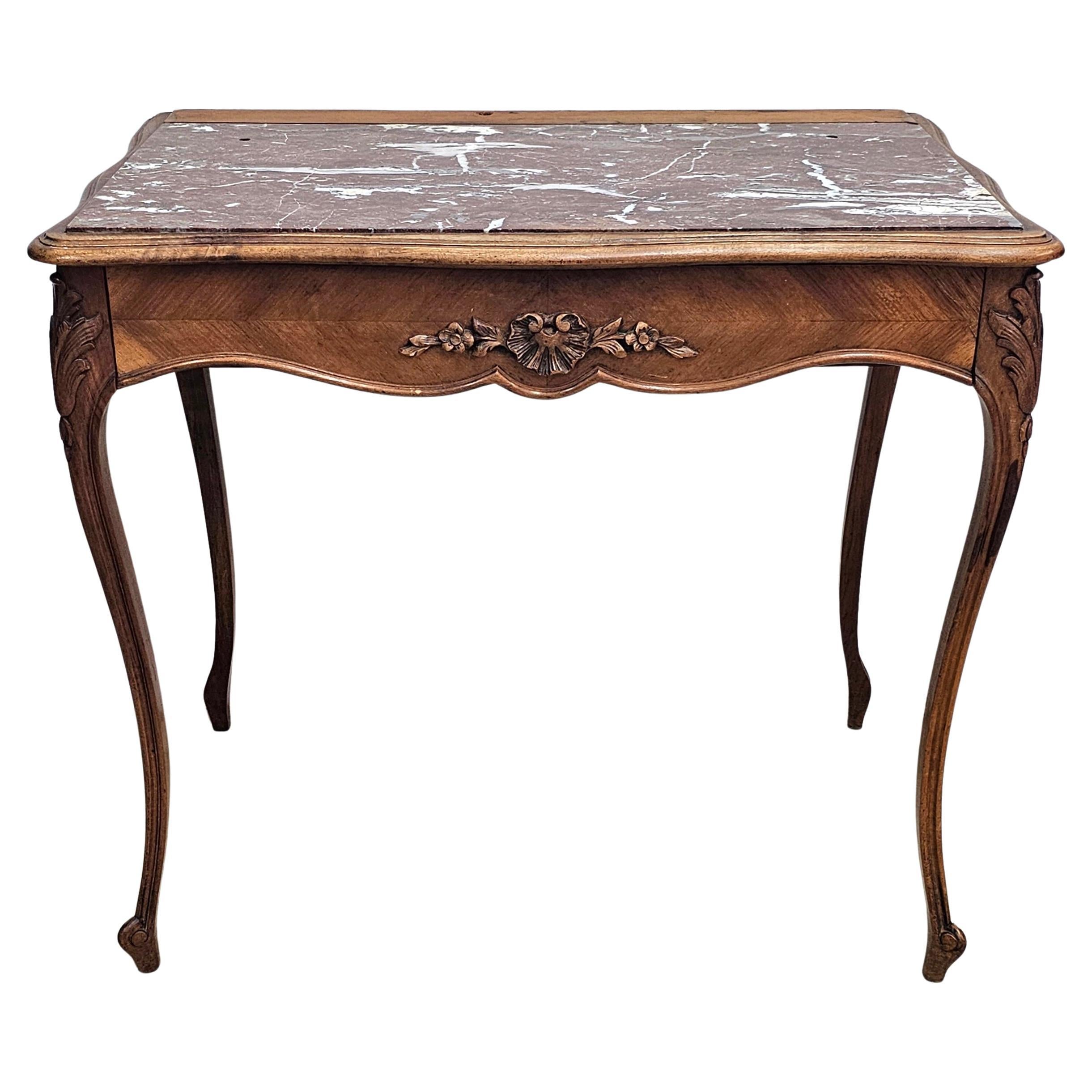 19th Century Provincial Style Walnut and Rouge Marble Top Writing Hall Table For Sale