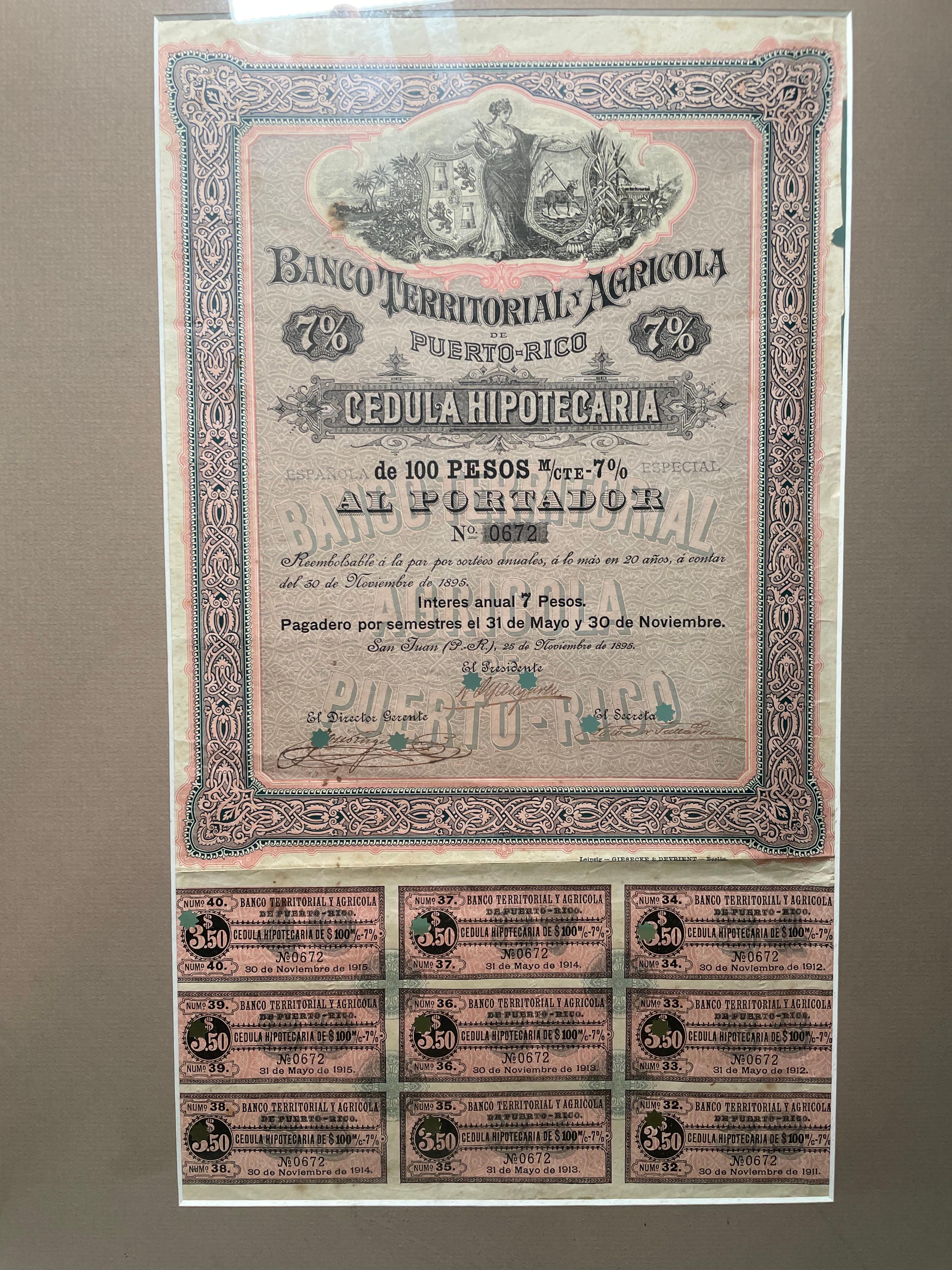 Neoclassico Certificato ipotecario portoricano del XIX secolo