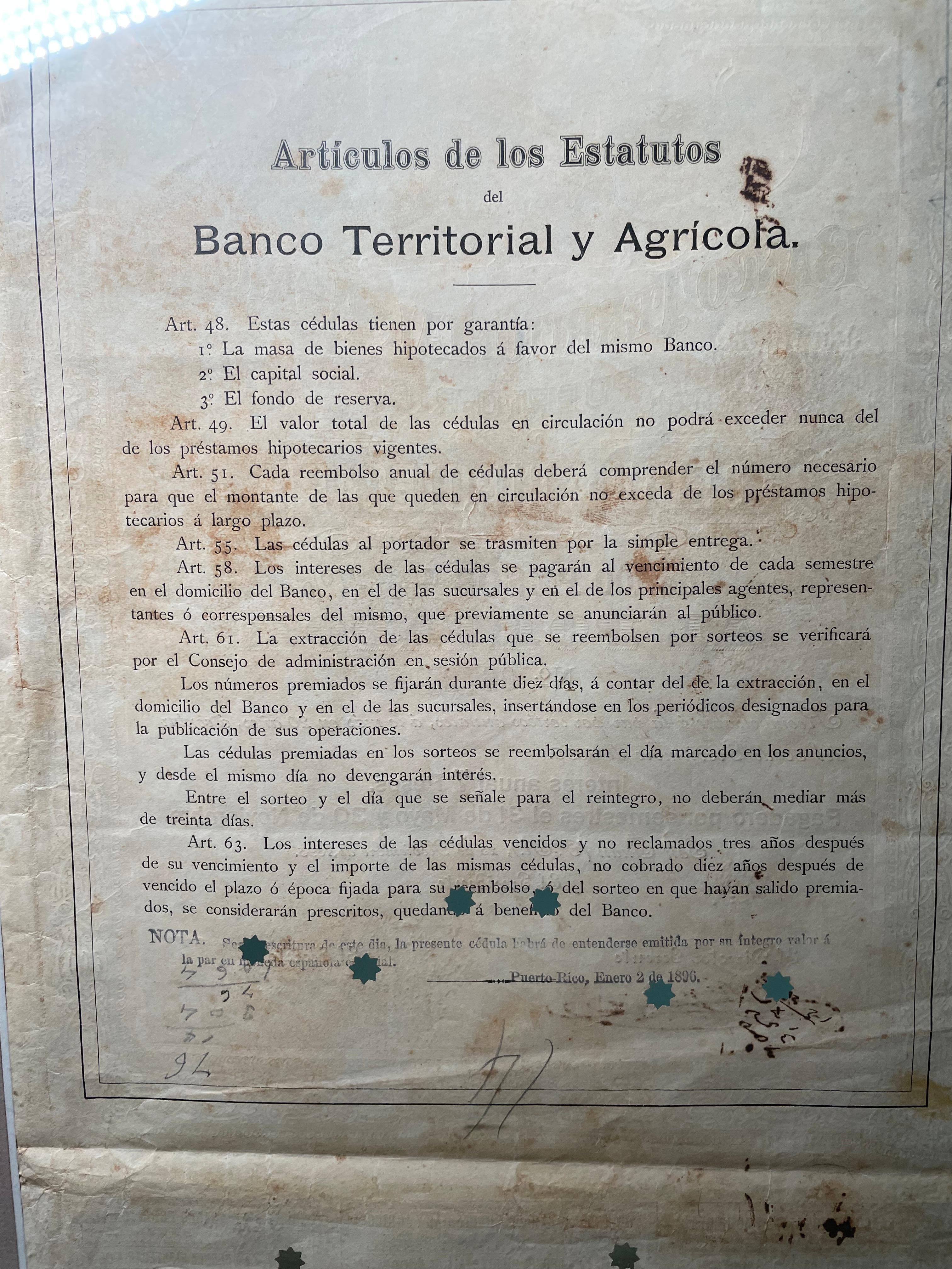 Fatto a mano Certificato ipotecario portoricano del XIX secolo
