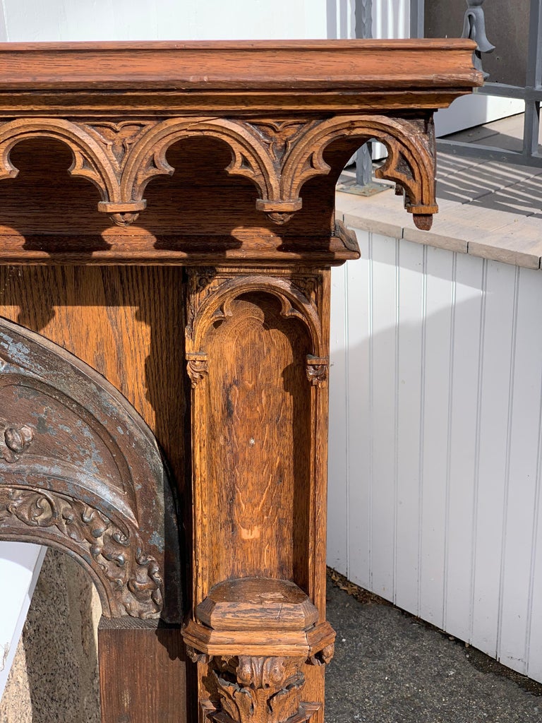 19th Century Pugin Style Gothic Oak Fireplace Mantel For Sale At
