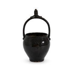 19th Century Puglian Black Glazed Terracotta Brazier with Arched Handle