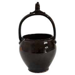 19th Century Puglian Black Glazed Terracotta Brazier with Arched Handle