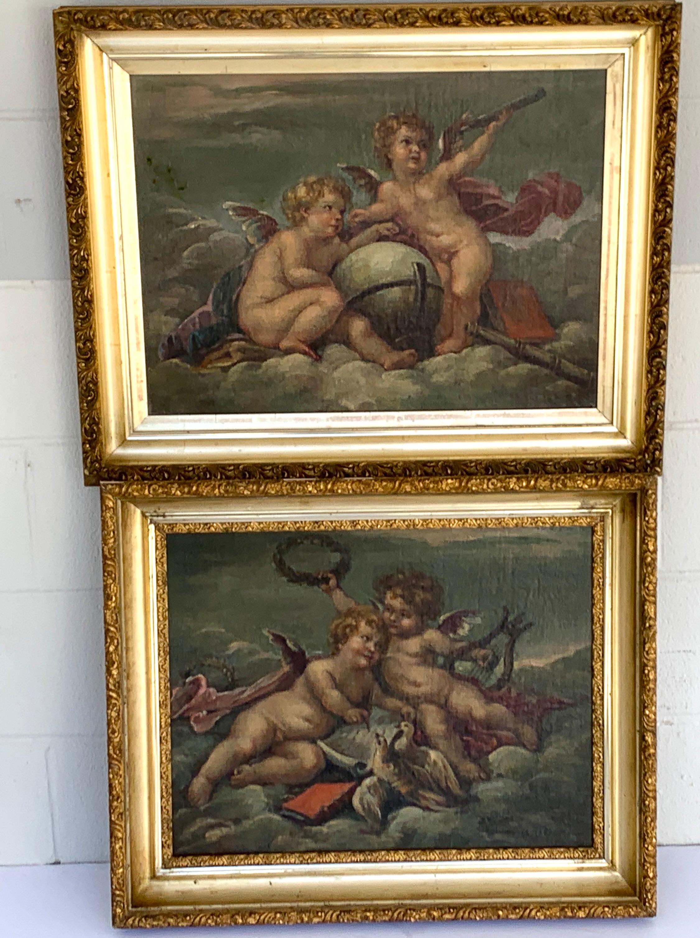 Near pair of putti allegory paintings in the style of Boucher, one depicting the sciences with telescopes and globe, the other of literature Puttis writing. Both in similar antique giltwood frames.
Measures: Putti telescope framed 28.5