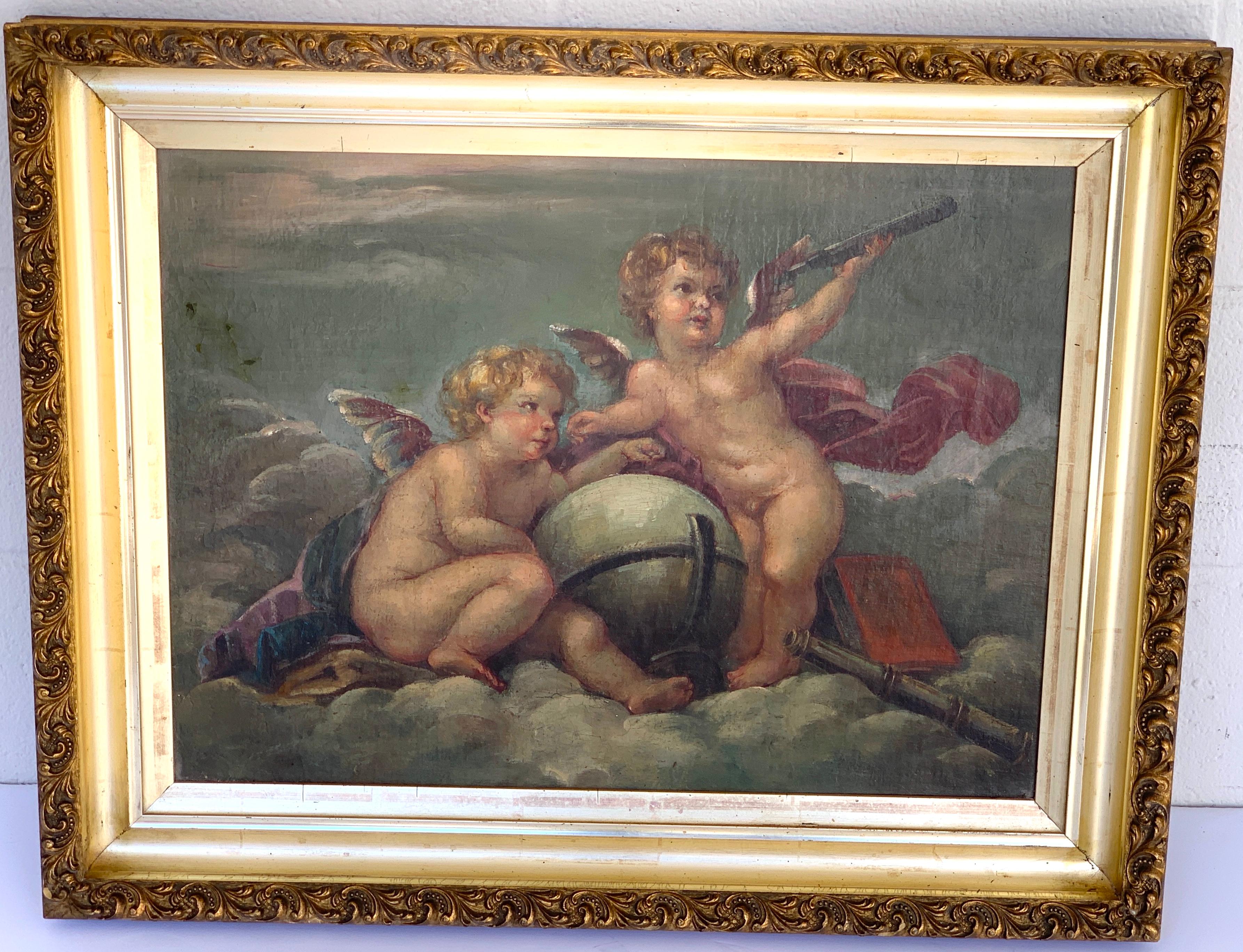 Baroque 19th Century Putti Allegory Paintings in the Style of Boucher, Near Pair