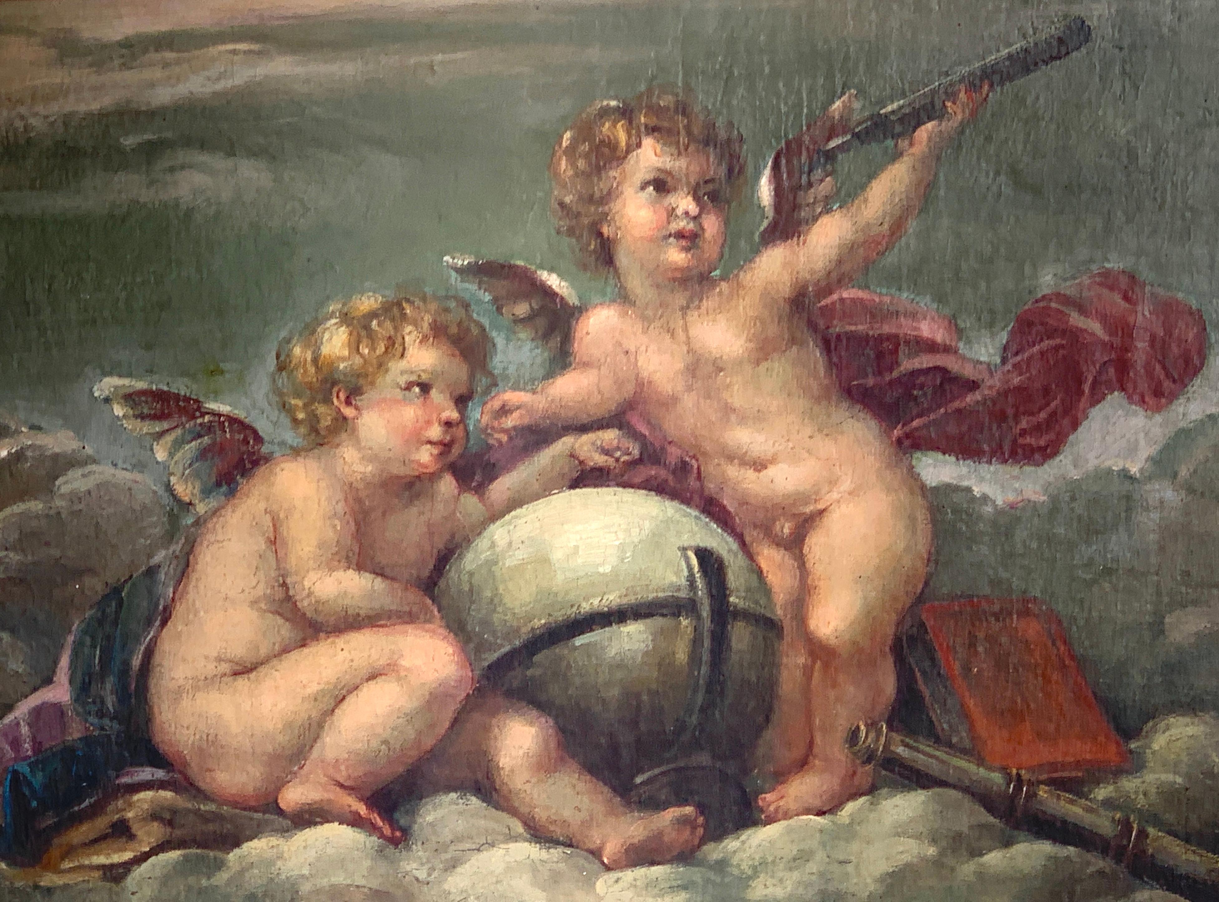 French 19th Century Putti Allegory Paintings in the Style of Boucher, Near Pair