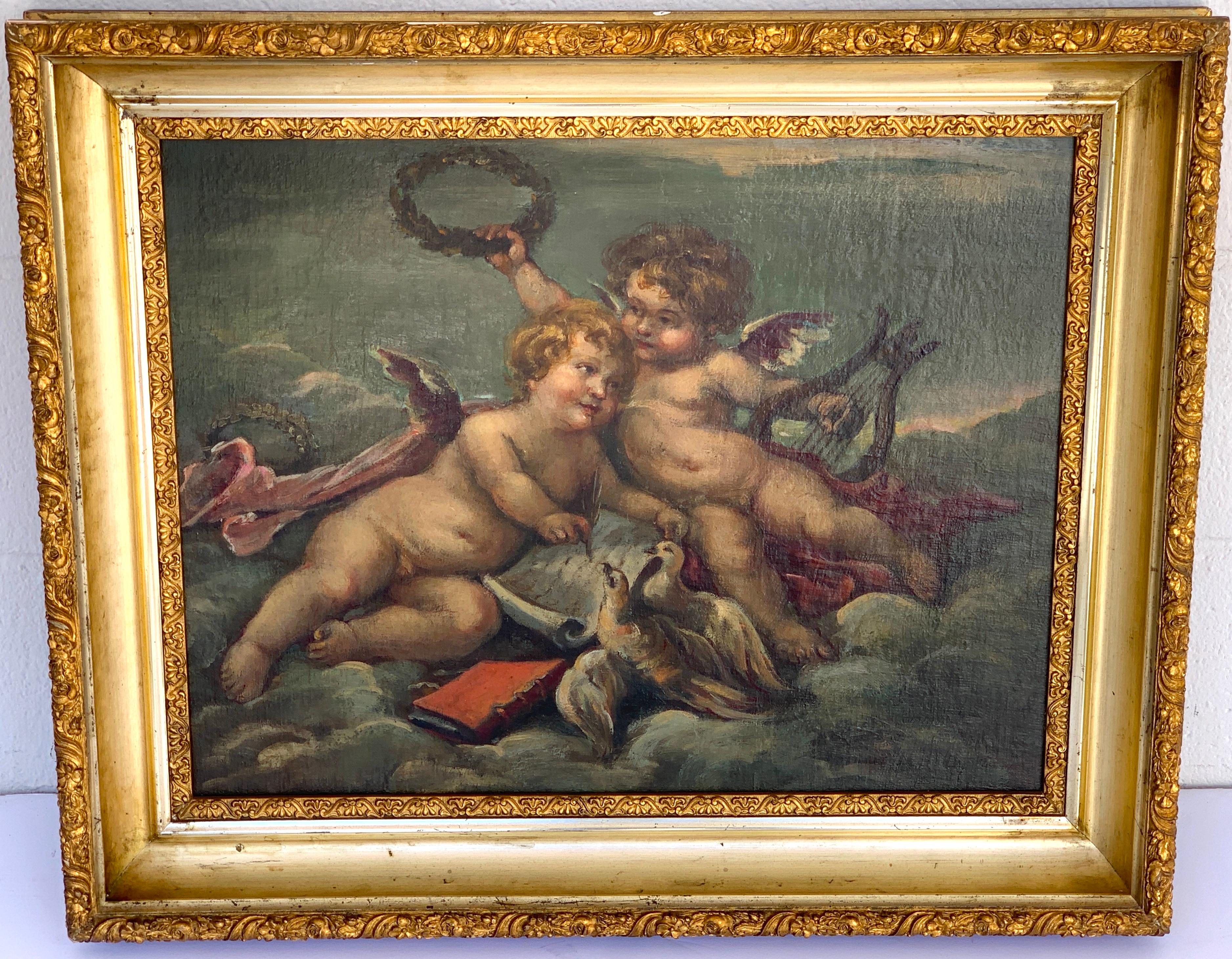 19th Century Putti Allegory Paintings in the Style of Boucher, Near Pair In Good Condition In Atlanta, GA