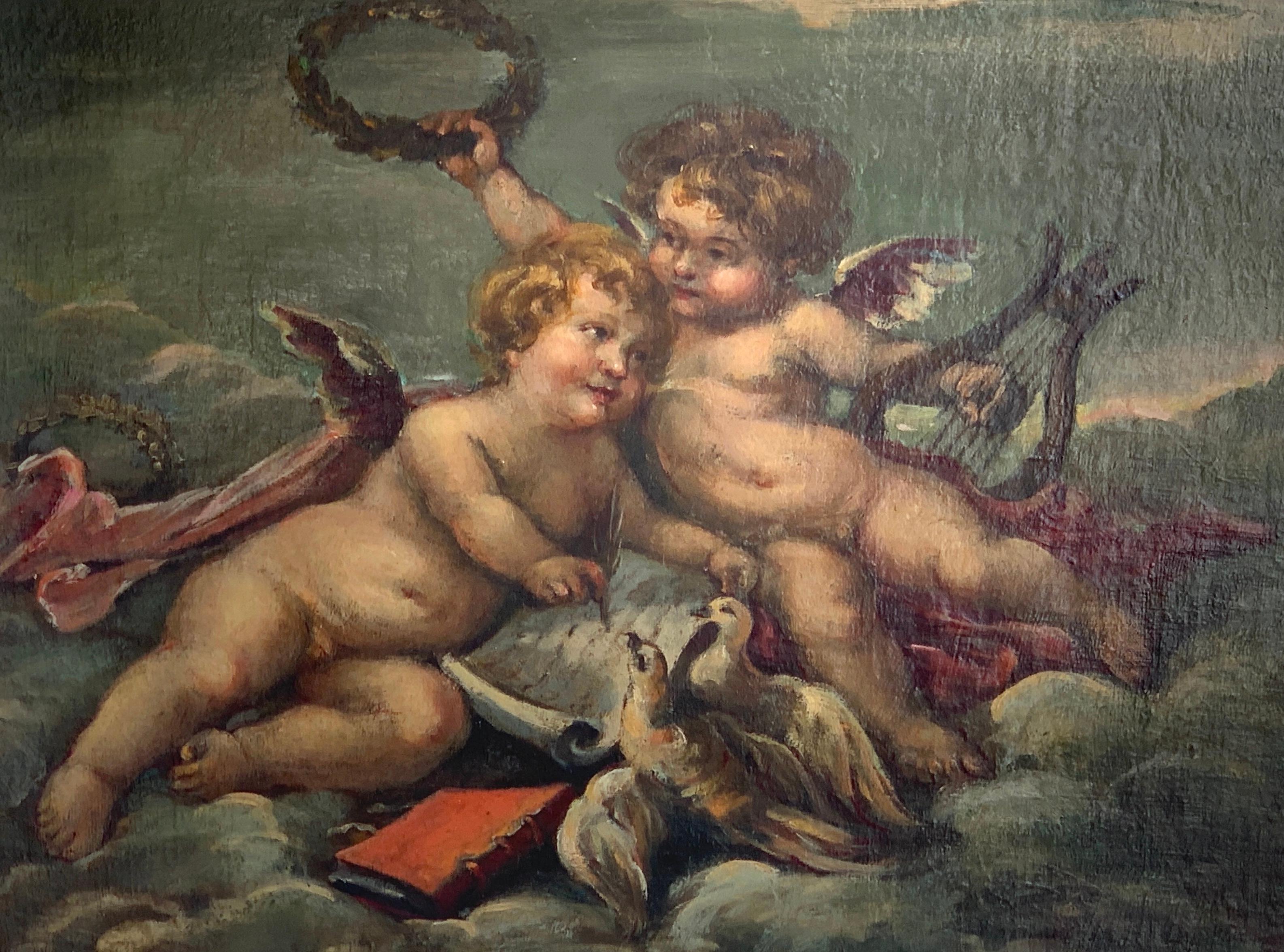 Giltwood 19th Century Putti Allegory Paintings in the Style of Boucher, Near Pair