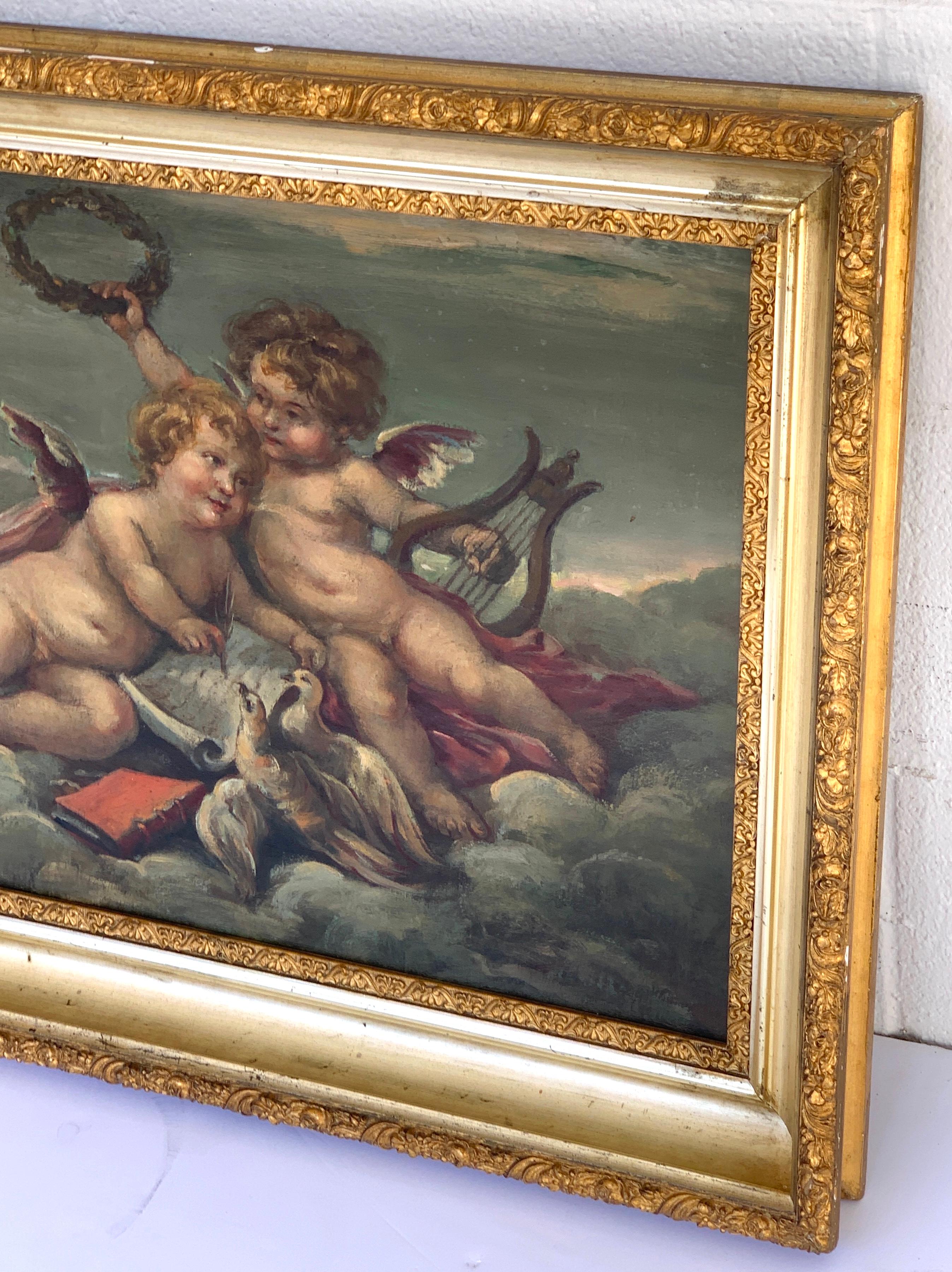 19th Century Putti Allegory Paintings in the Style of Boucher, Near Pair 1