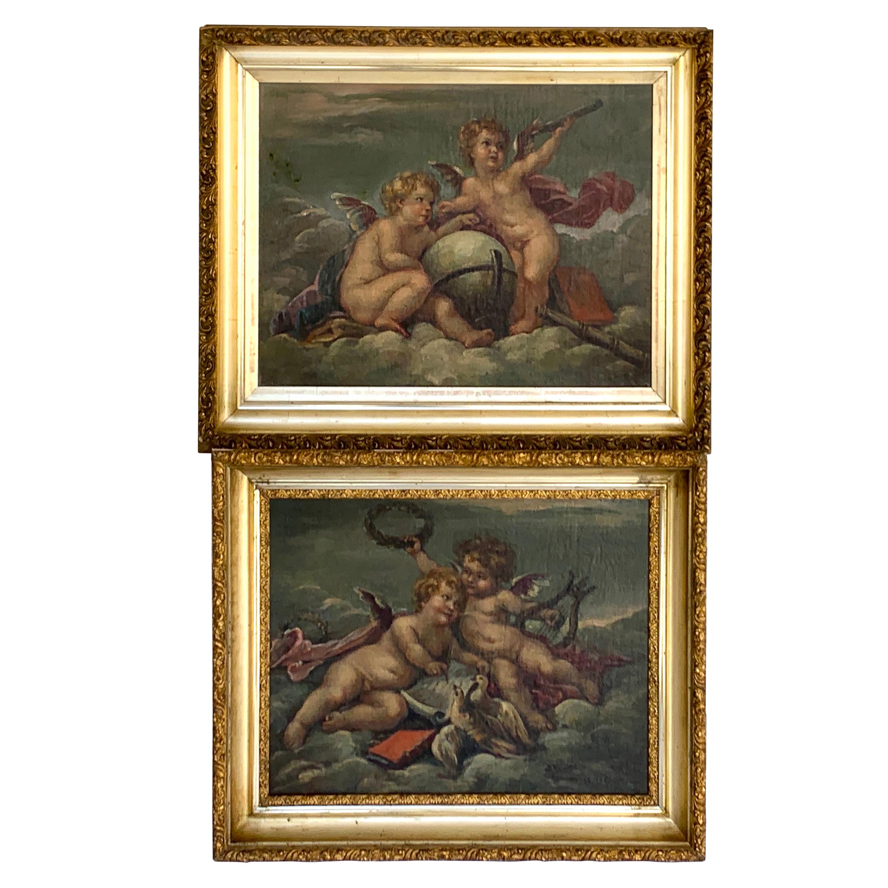 19th Century Putti Allegory Paintings in the Style of Boucher, Near Pair