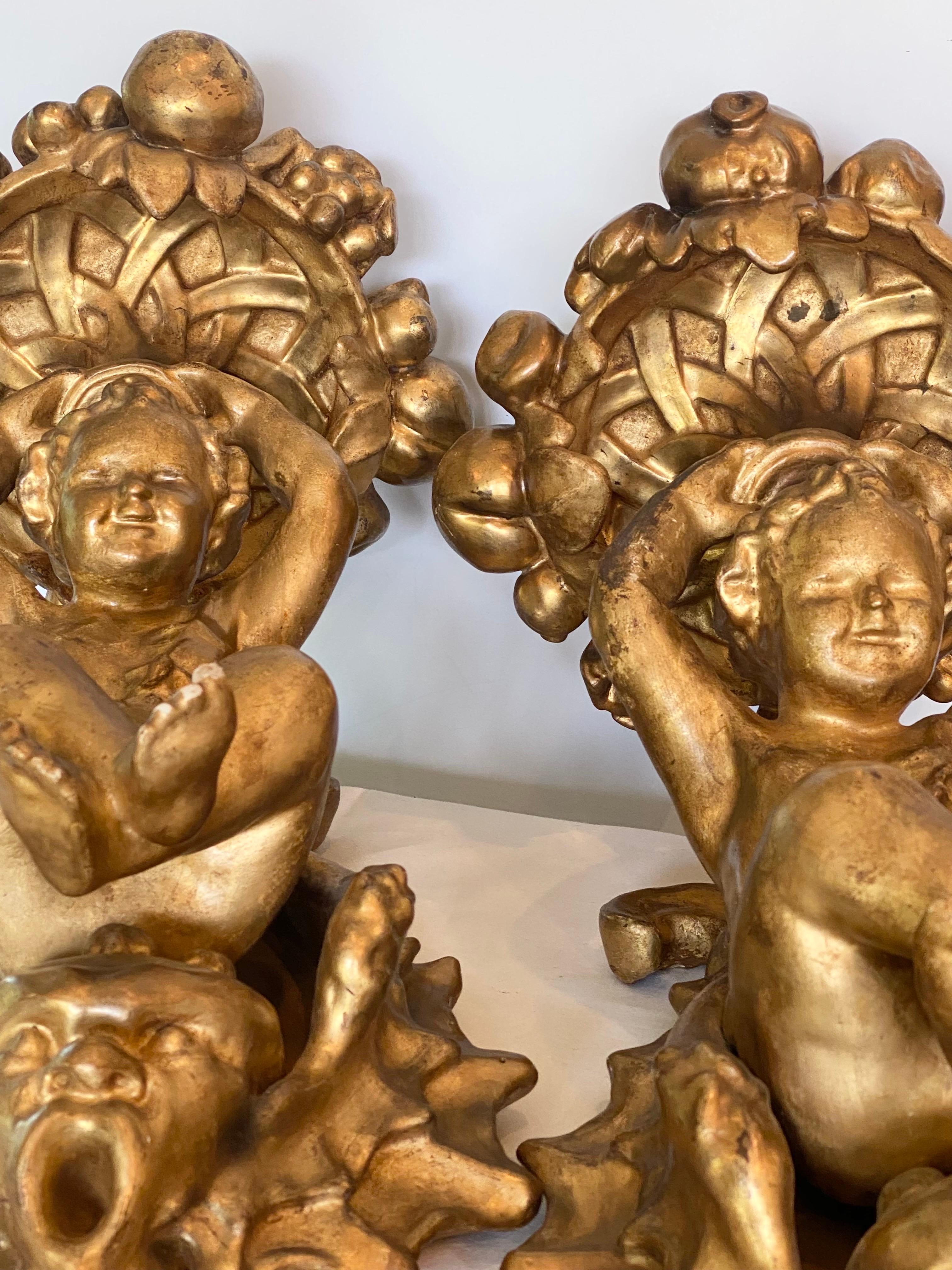 Giltwood 19th Century Putti and Shell Gilt Wall Brackets For Sale