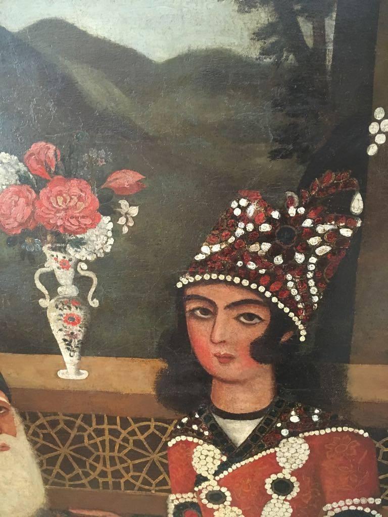 19th century Qajar oil painting of Prince Mirza Mohammed Hassen (son of Fatah Ali Shah) with his sage.