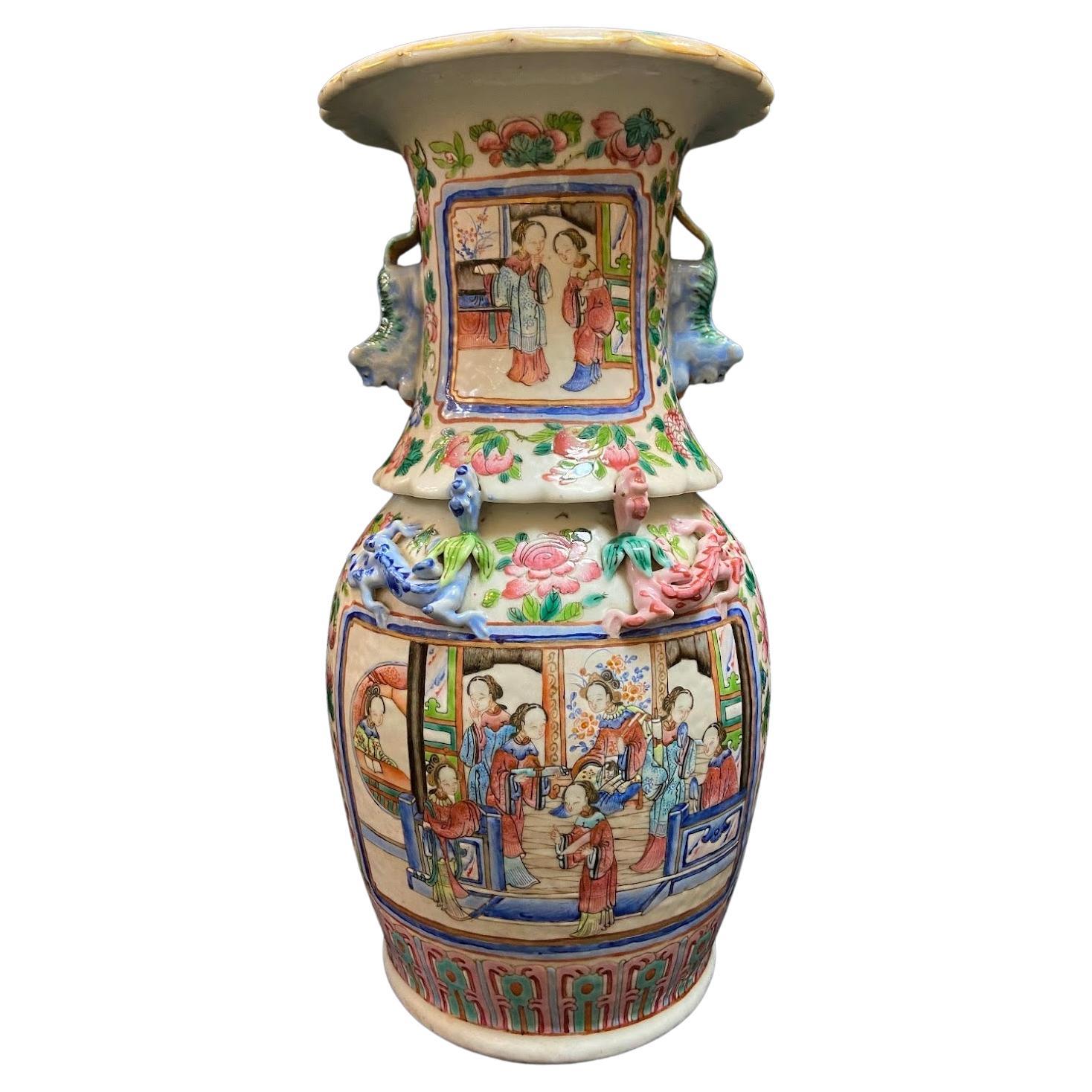 19th Century Qing, Daoguang Famille-Rose "Ladies" Porcelain Flower Vase For Sale