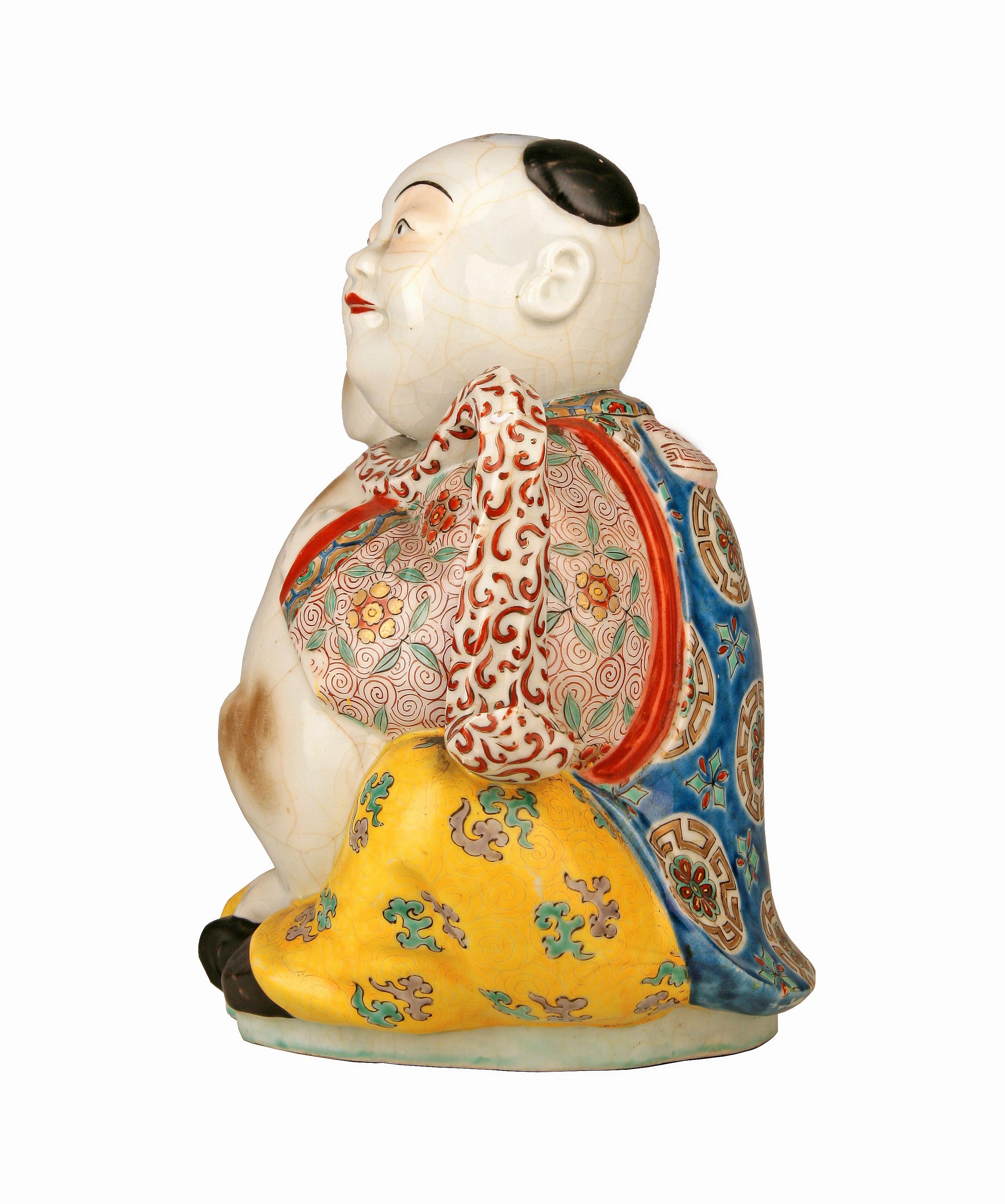 Chinese 19th Century/Qing Dinasty Glazed Hand-Painted Porcelain Man and Dog Figurine For Sale