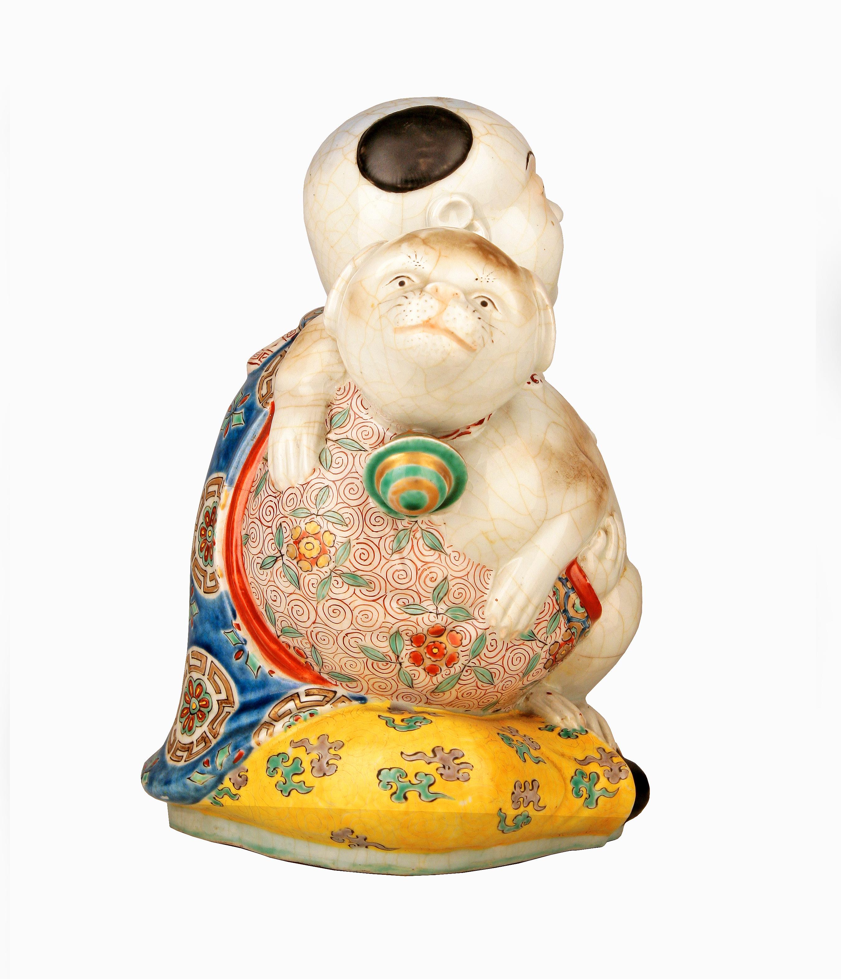 Ceramic 19th Century/Qing Dinasty Glazed Hand-Painted Porcelain Man and Dog Figurine For Sale