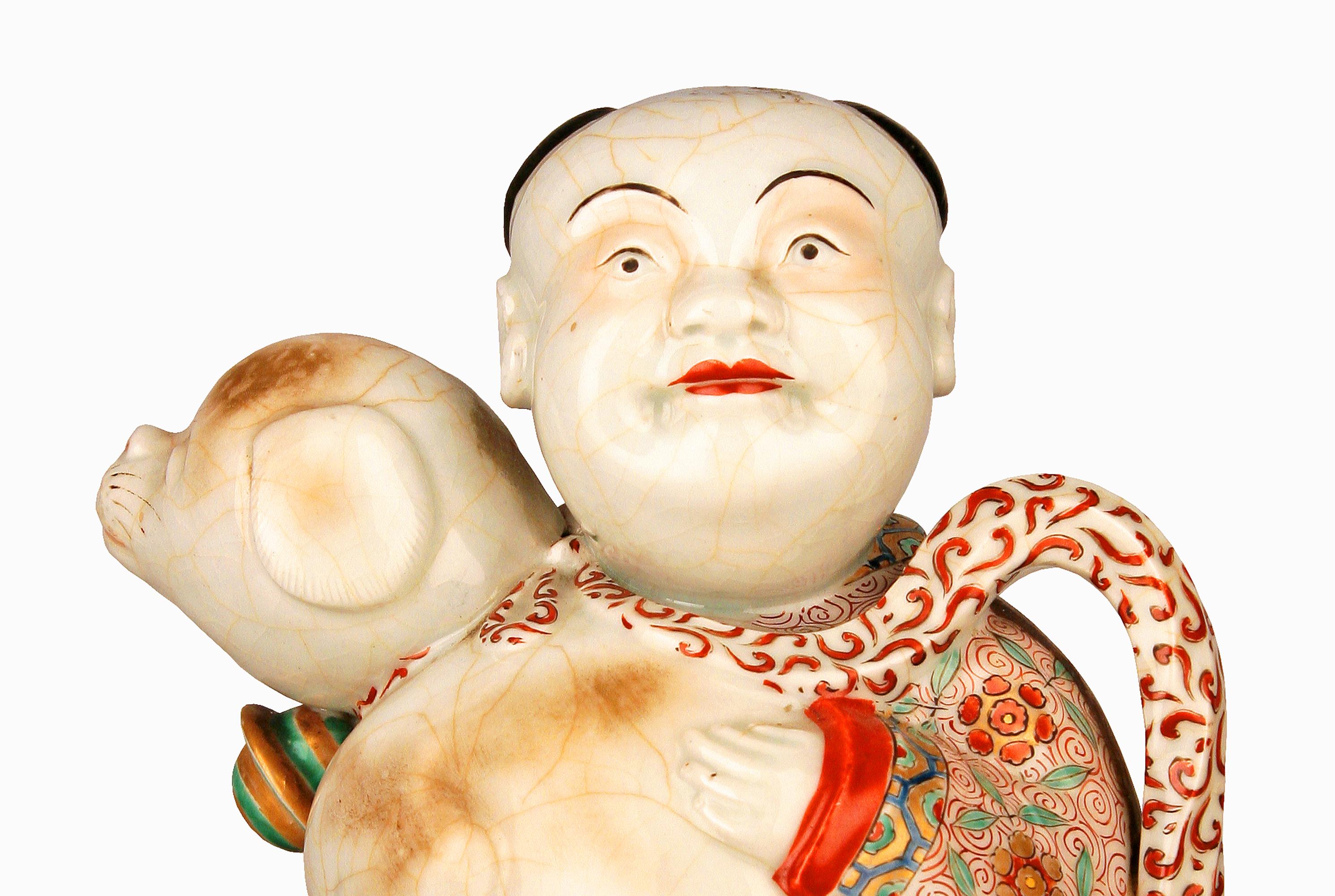 Ceramica Figurina di uomo e cane in porcellana smaltata e dipinta a mano del XIX secolo/dinastia Qing in vendita