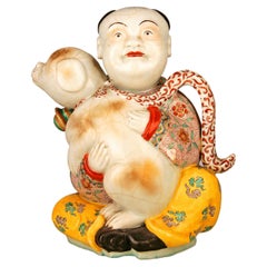 Vintage 19th Century/Qing Dinasty Glazed Hand-Painted Porcelain Man and Dog Figurine