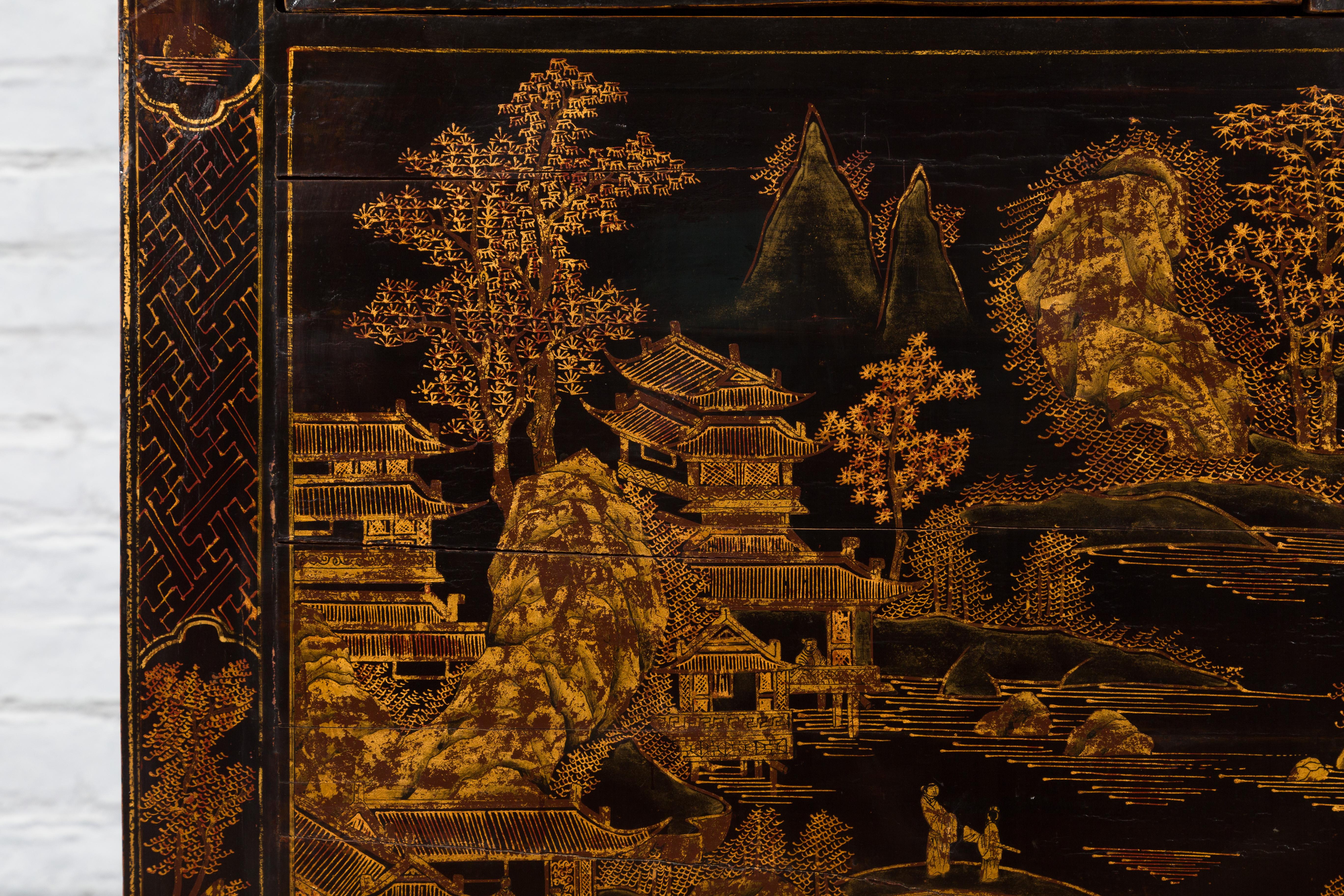 19th Century Qing Dynasty Chinese Black and Gold Chinoiserie Cabinet 7