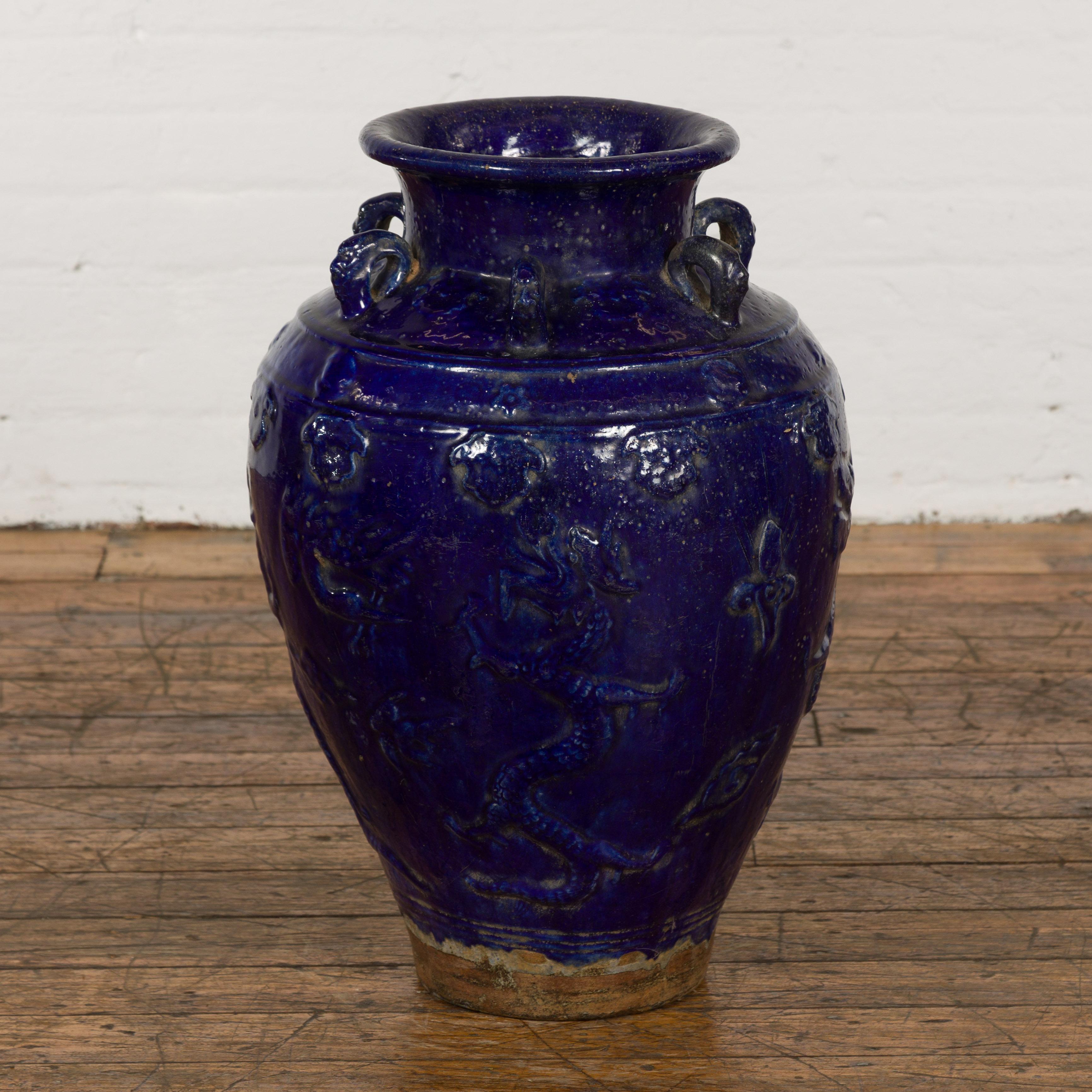 19th Century Qing Dynasty Chinese Cobalt Blue Martaban Jar with Dragon Motif For Sale 5