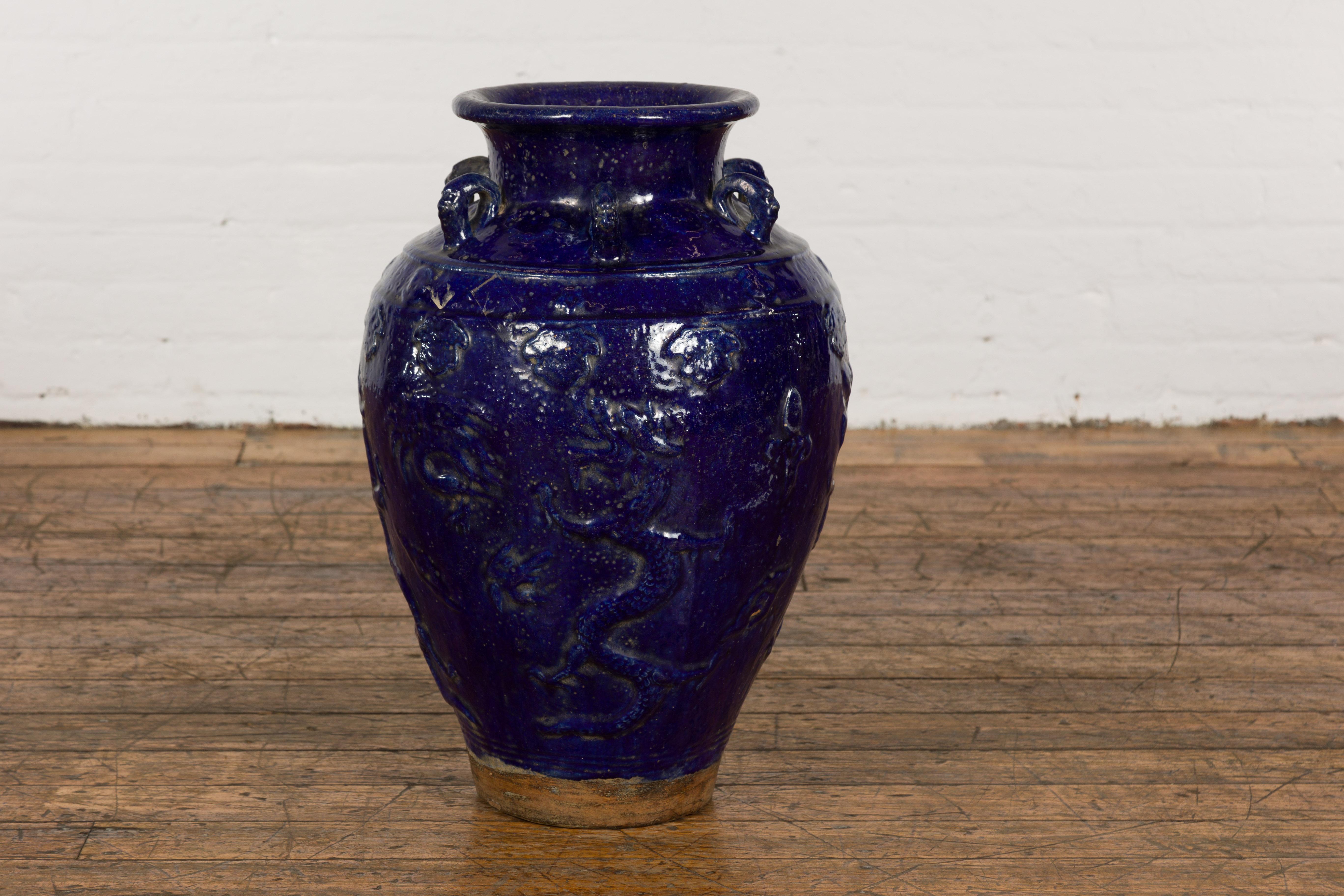 19th Century Qing Dynasty Chinese Cobalt Blue Martaban Jar with Dragon Motif For Sale 8