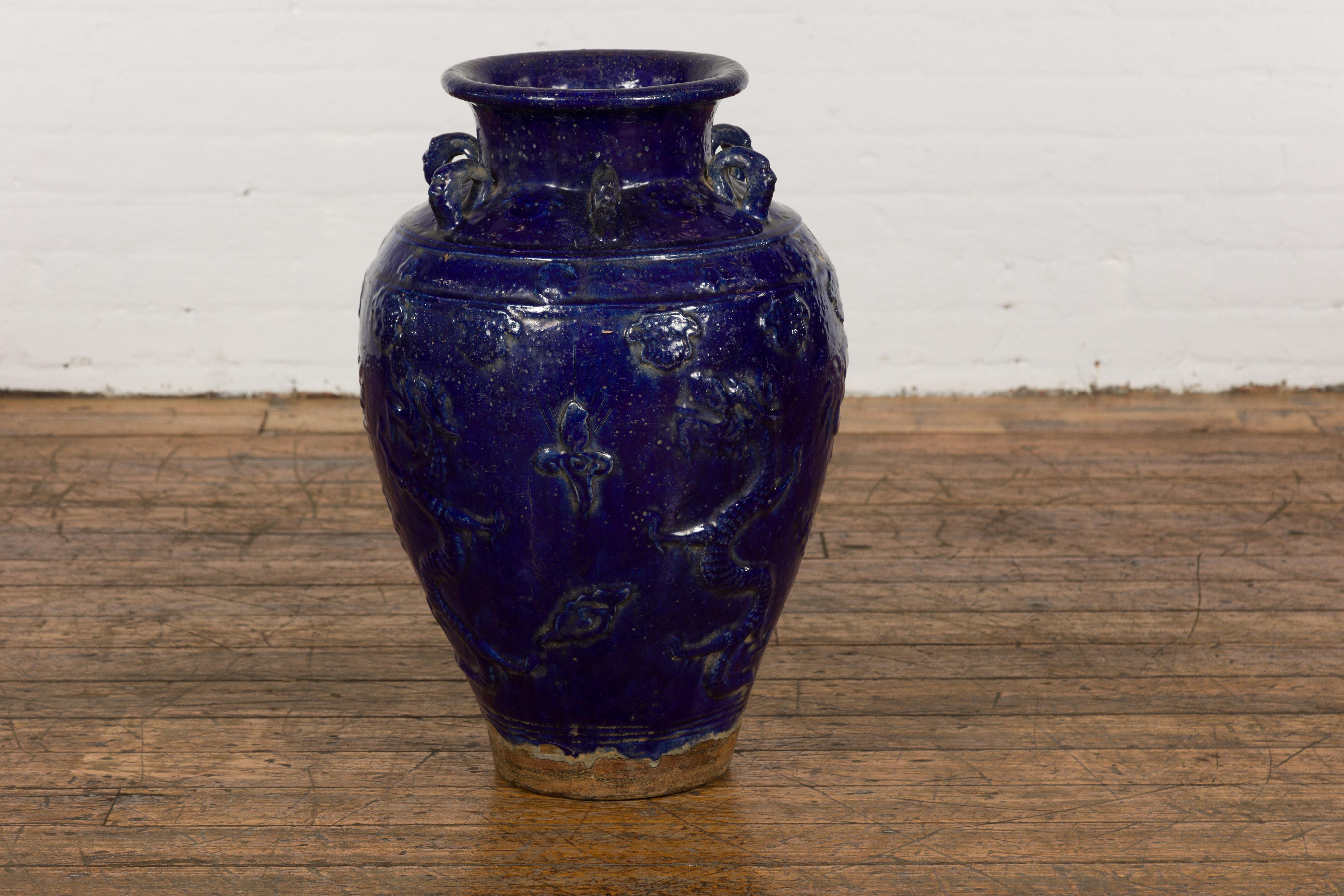 19th Century Qing Dynasty Chinese Cobalt Blue Martaban Jar with Dragon Motif For Sale 9