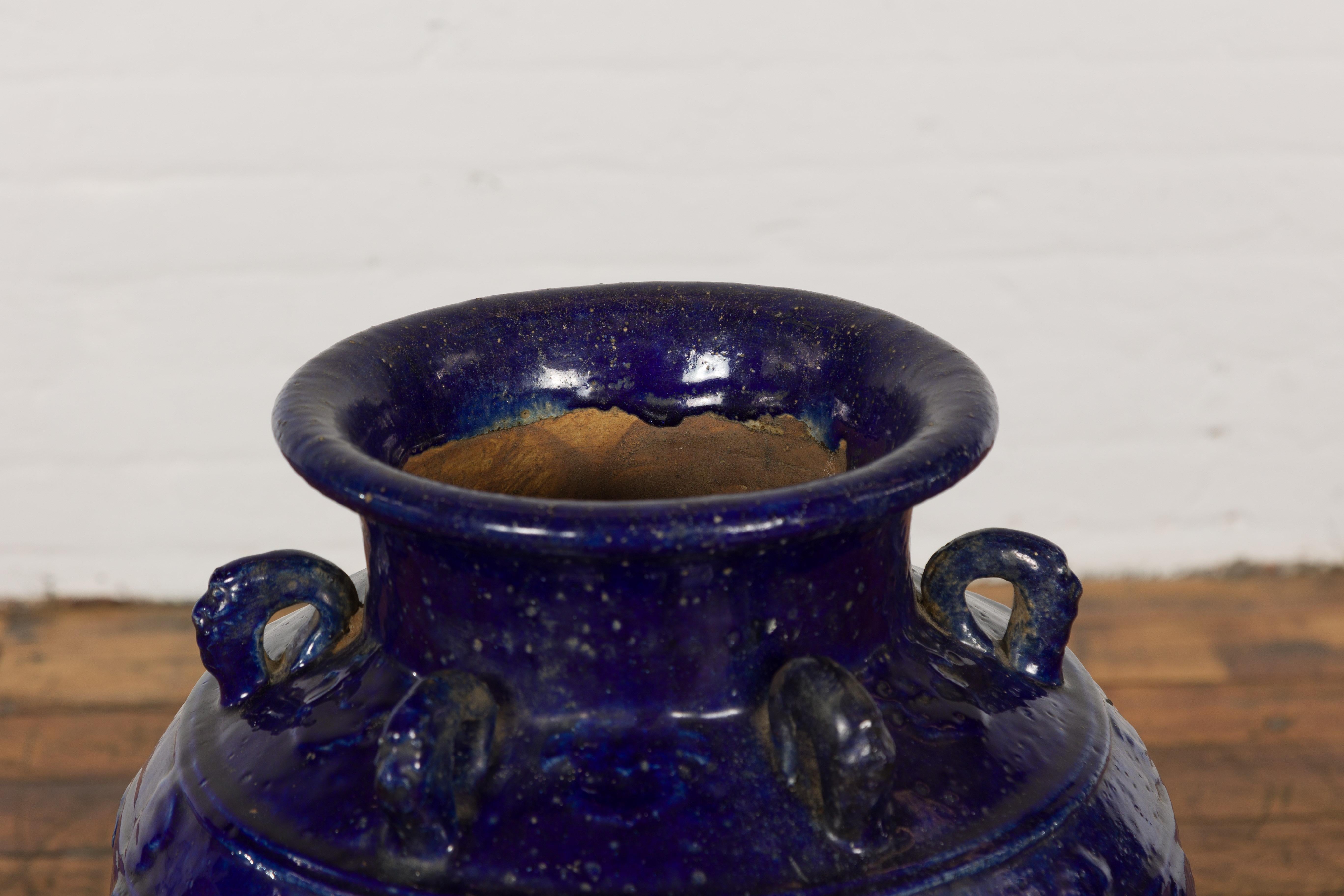 Glazed 19th Century Qing Dynasty Chinese Cobalt Blue Martaban Jar with Dragon Motif For Sale