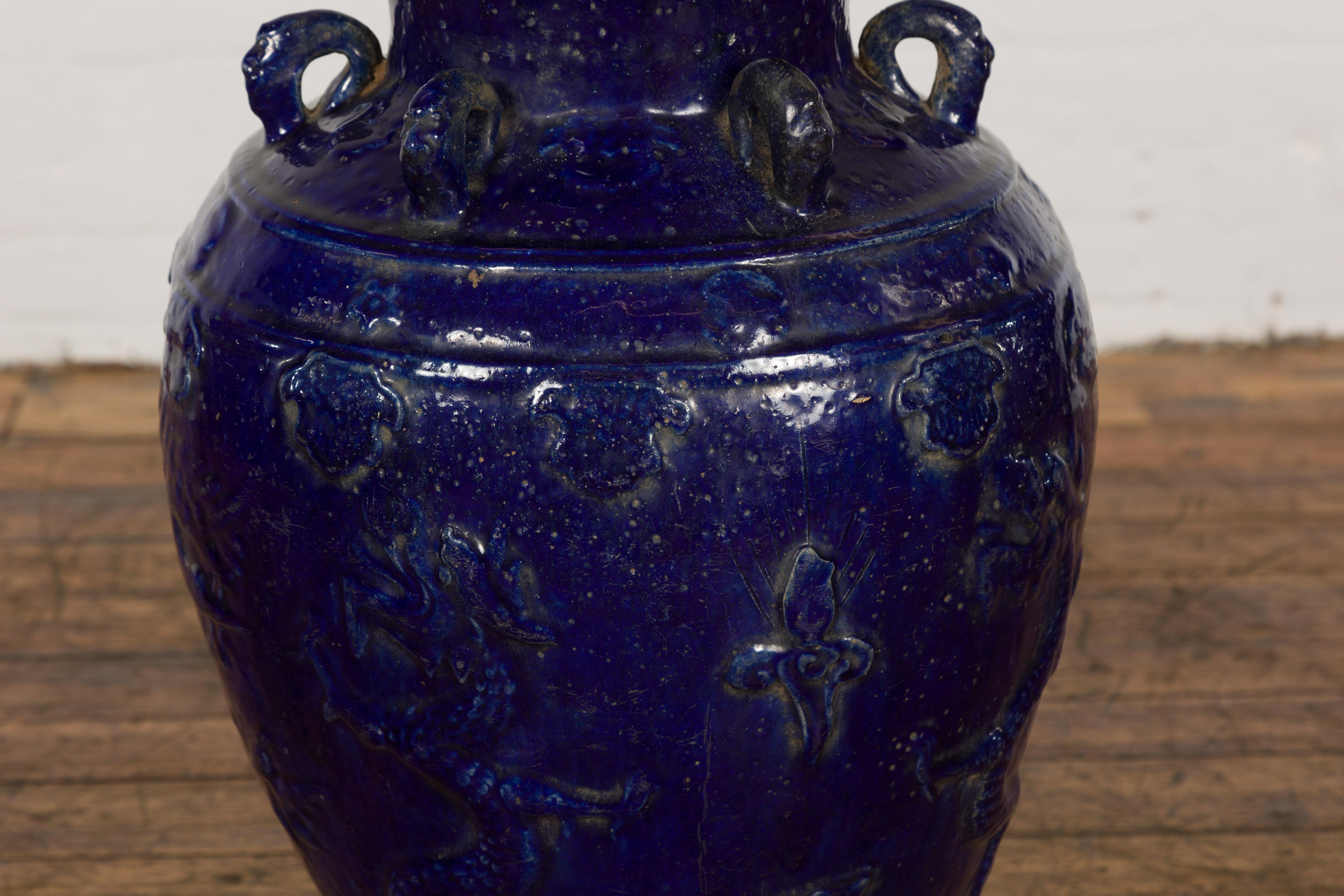 Ceramic 19th Century Qing Dynasty Chinese Cobalt Blue Martaban Jar with Dragon Motif For Sale