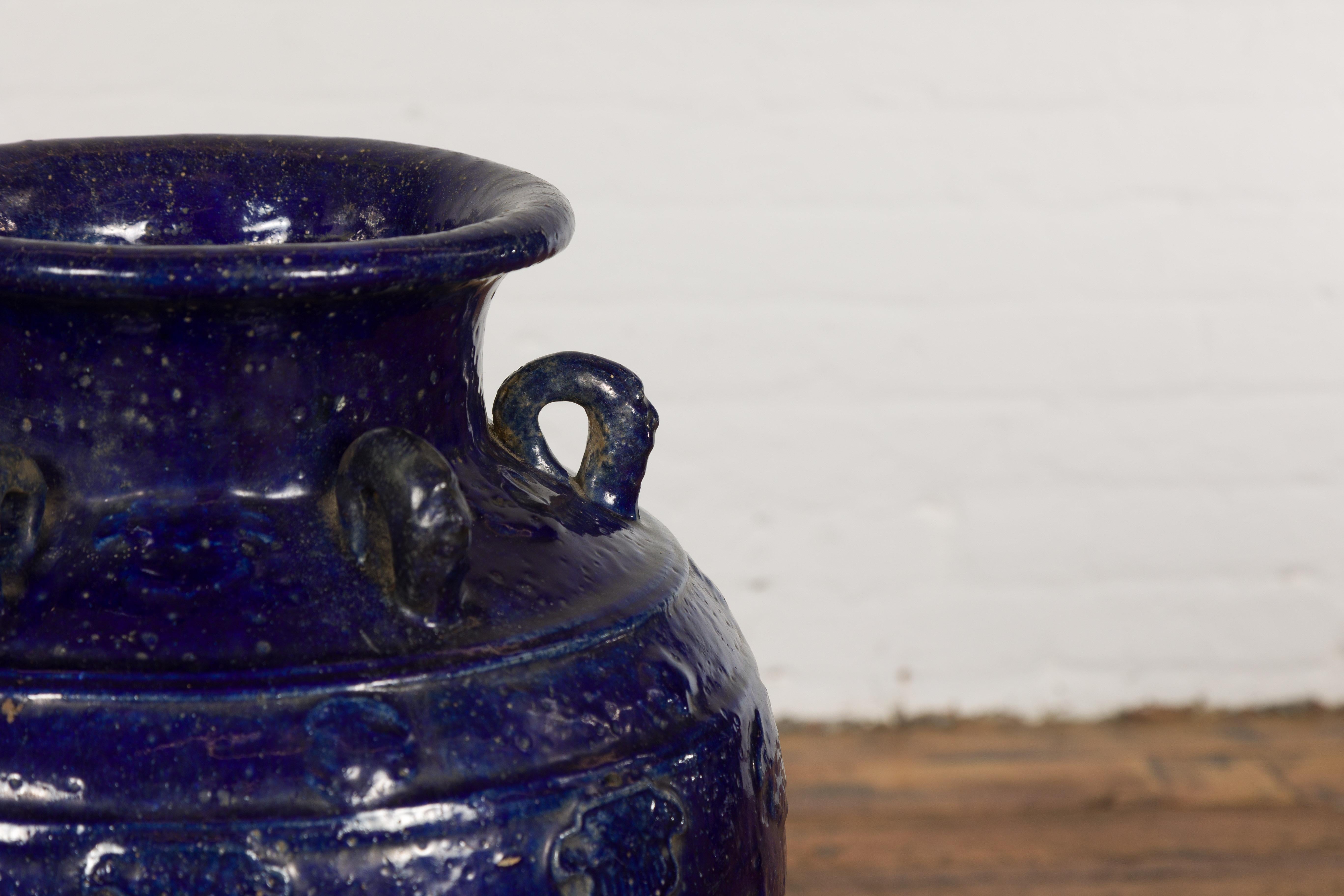 19th Century Qing Dynasty Chinese Cobalt Blue Martaban Jar with Dragon Motif For Sale 3